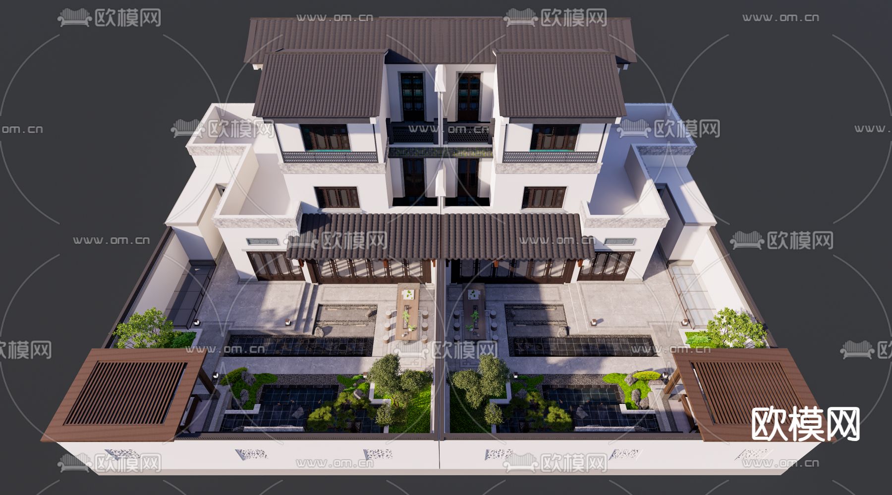 新中式别墅外观su模型下载（渲染图1）
