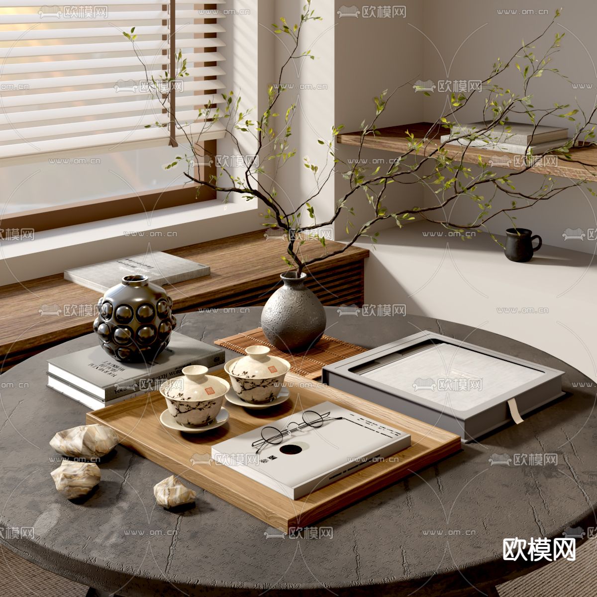 新中式茶具摆件su模型下载（渲染图2）