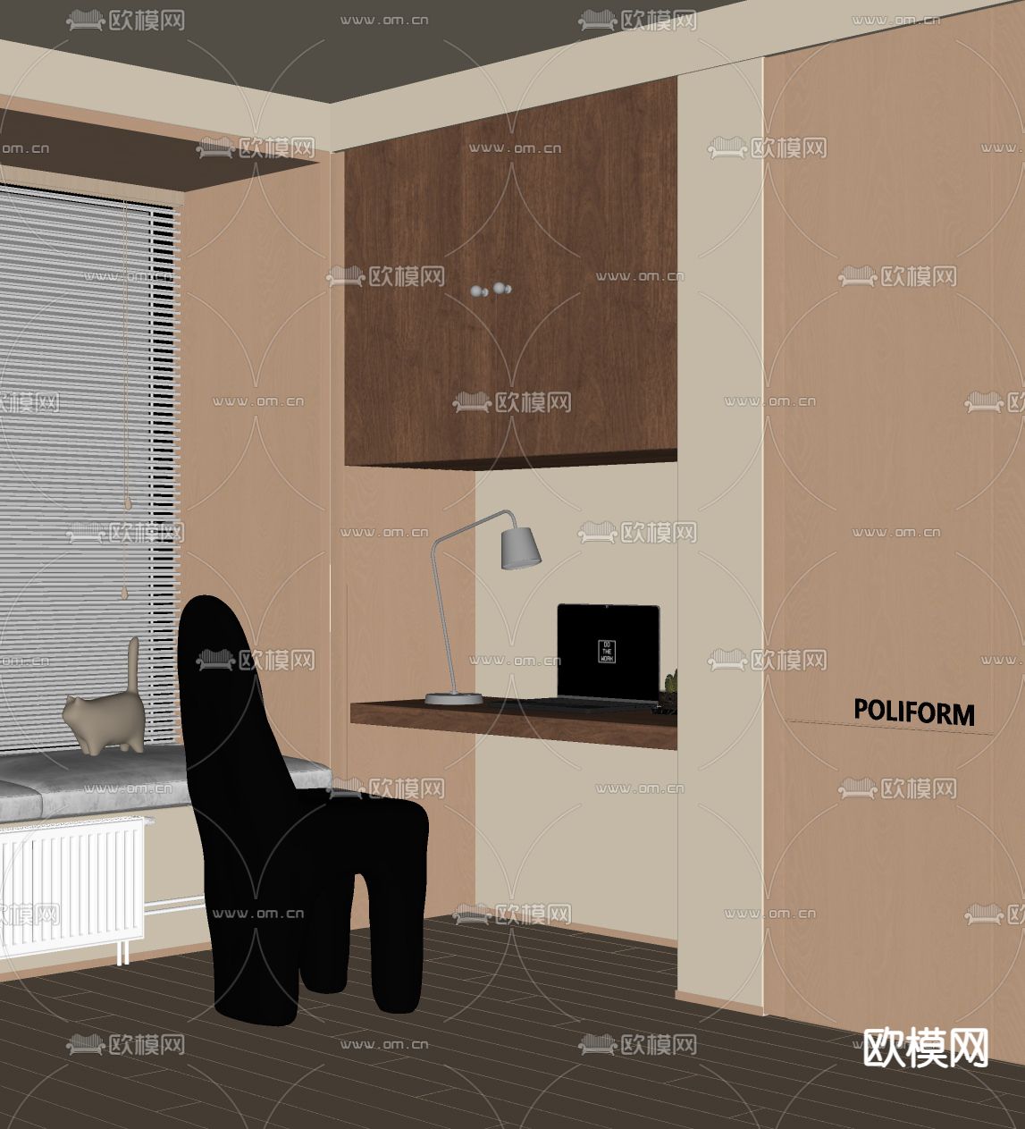 poliform书桌椅 写字台su模型下载（渲染图2）