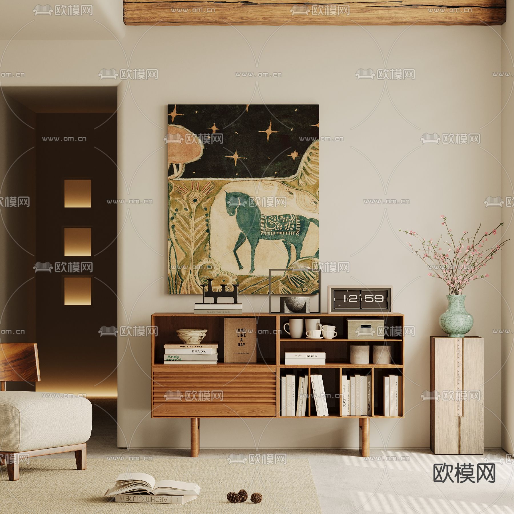 中古风书柜 矮柜 边柜su模型下载（渲染图1）