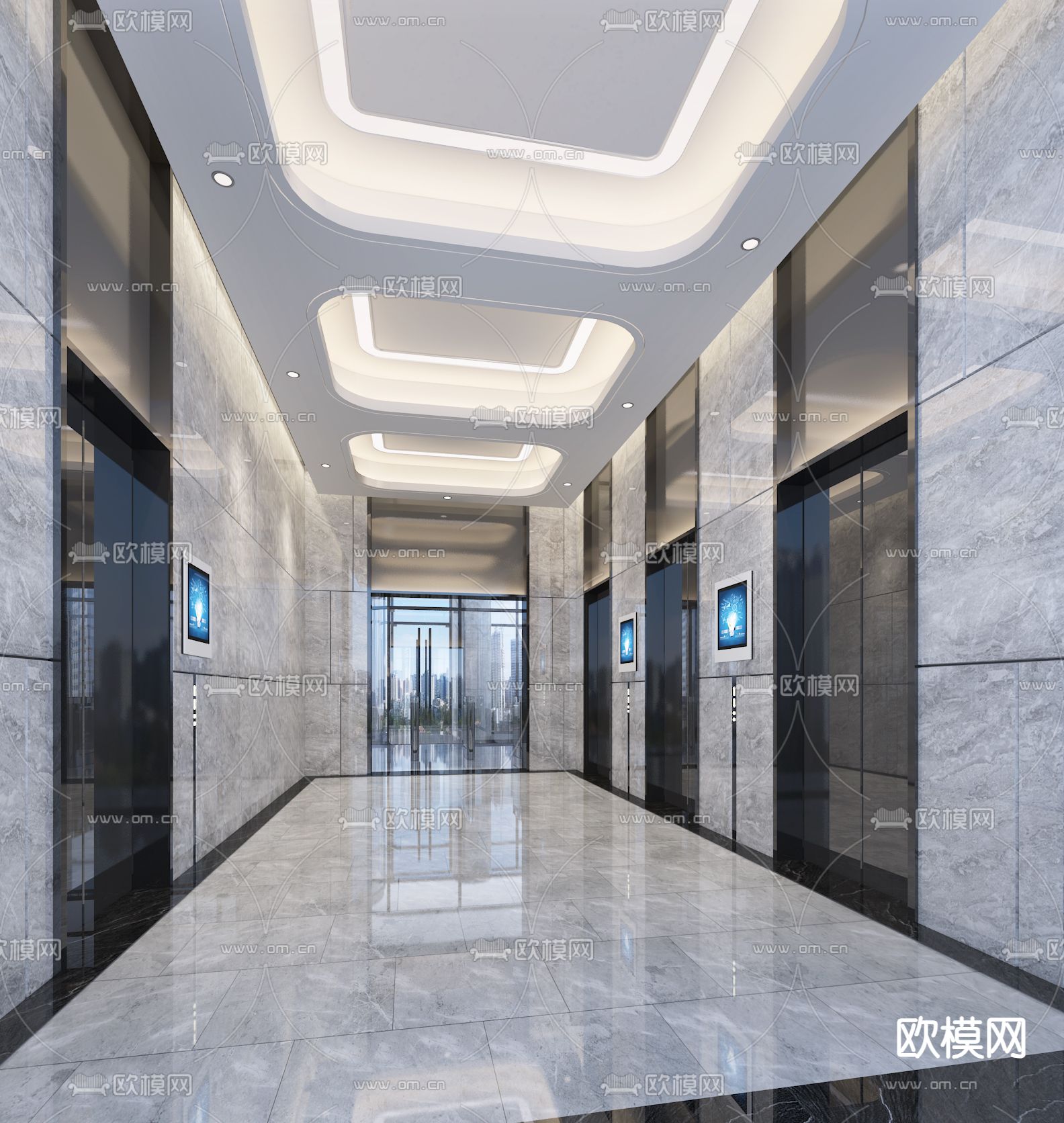 办公楼电梯厅 电梯间su模型下载（渲染图1）