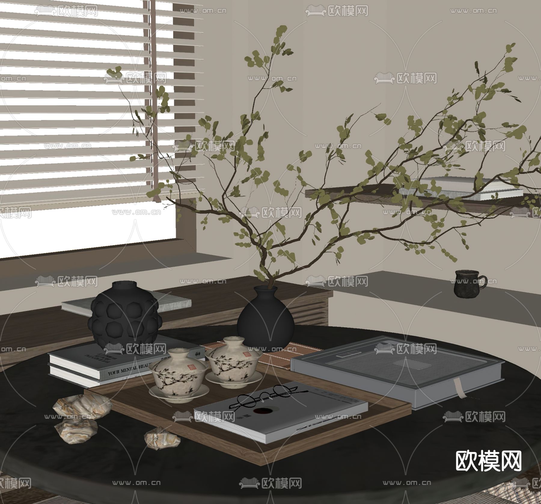 新中式茶具摆件su模型下载（渲染图1）