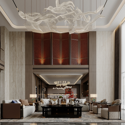  新中式别墅客厅su模型 