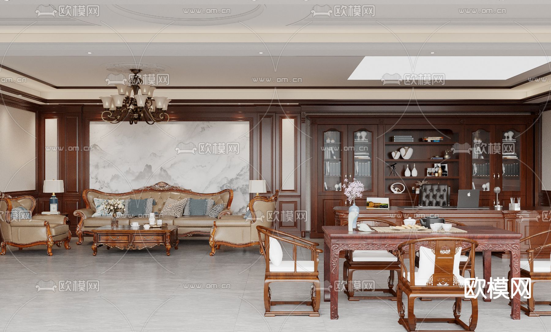 美式总经理室 董事长室3d模型下载（渲染图1）