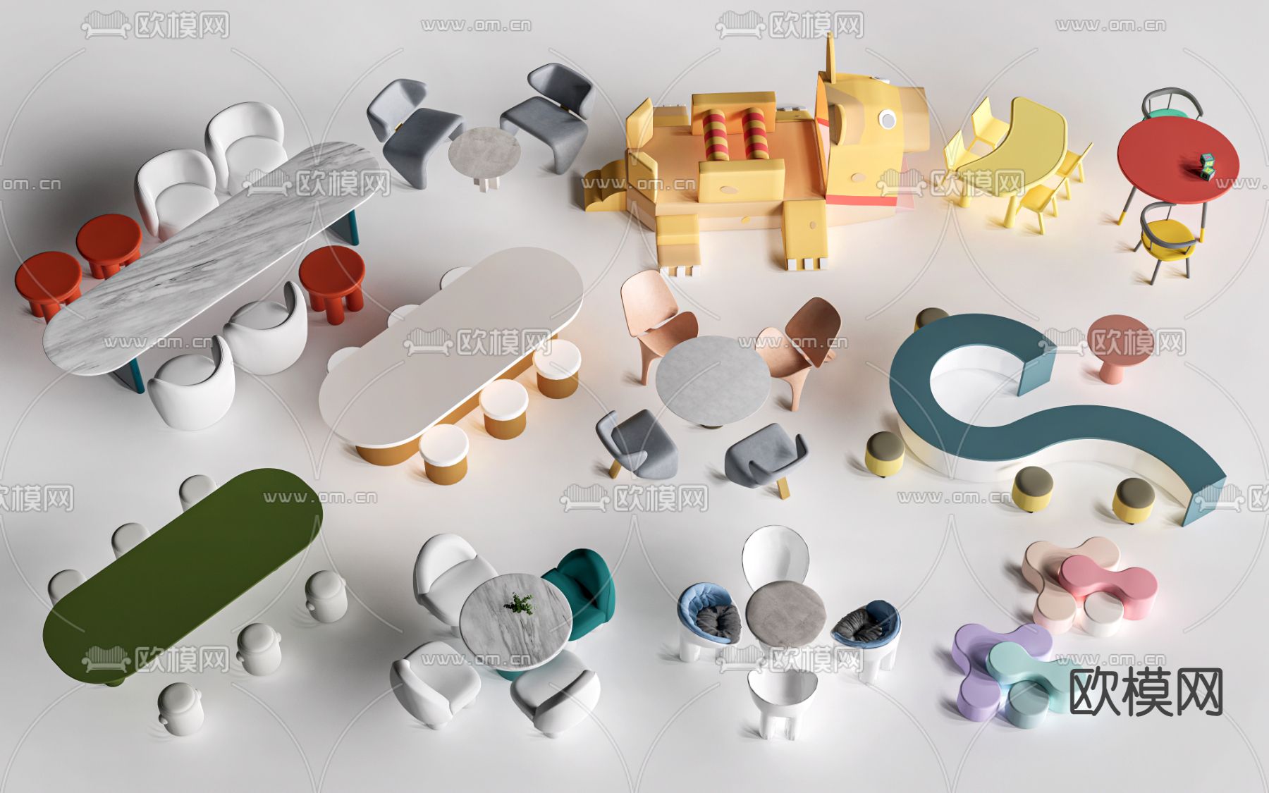 现代儿童桌椅 玩具桌椅su模型下载（渲染图1）