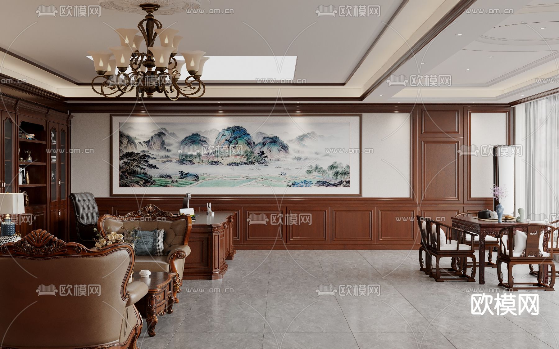 美式总经理室 董事长室3d模型下载（渲染图2）