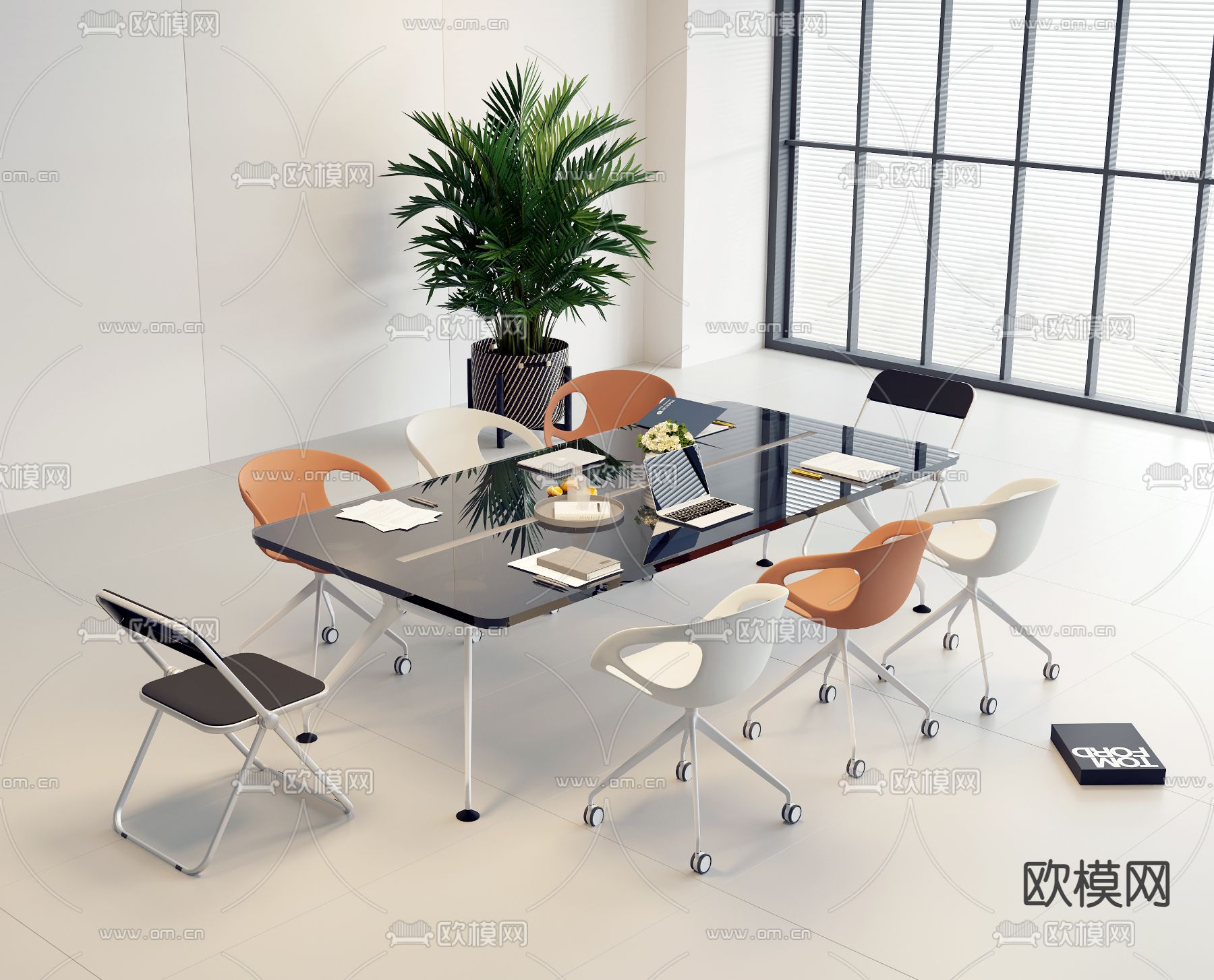 现代会议桌 会议台su模型下载（渲染图1）