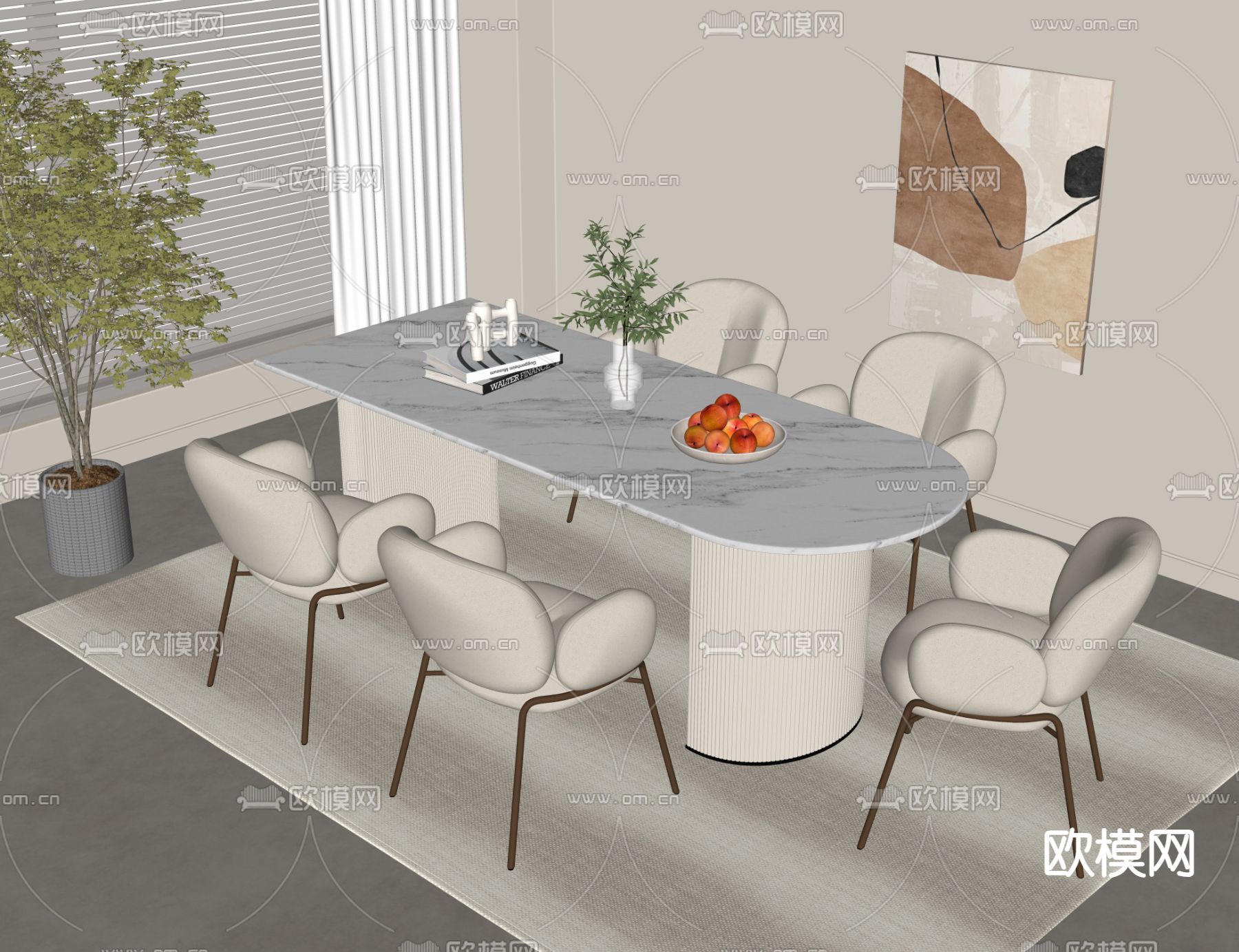 奶油风餐桌椅su模型下载（渲染图2）