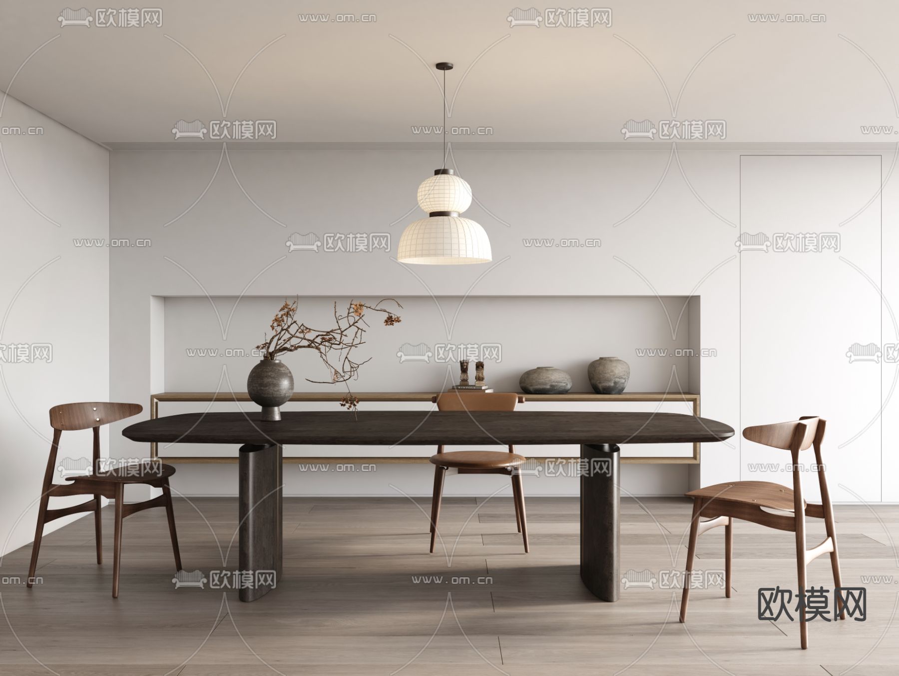 中古风餐桌椅 条形餐桌3d模型下载（渲染图1）