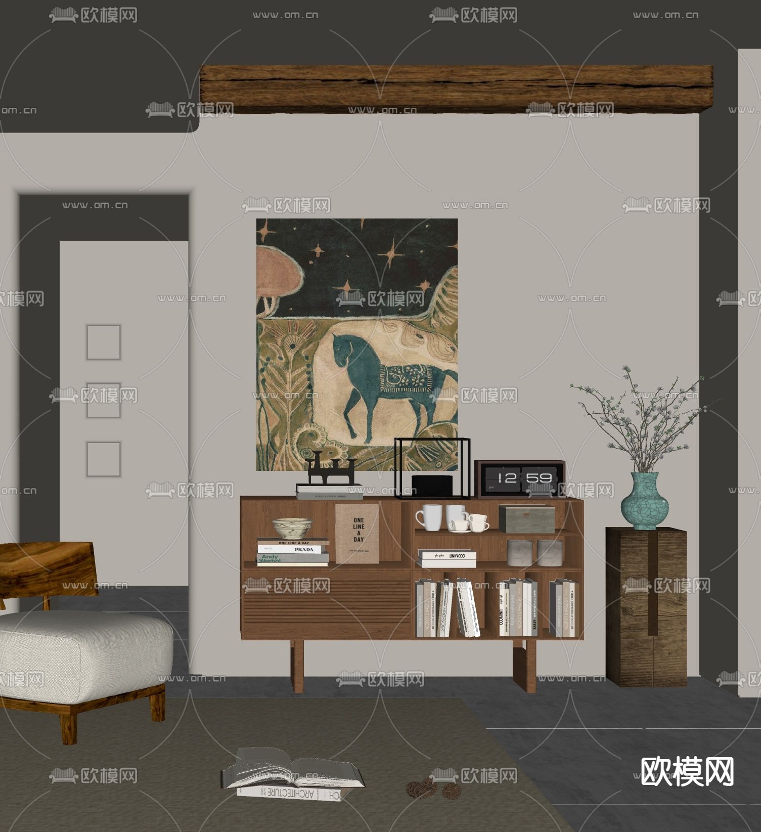 中古风书柜 矮柜 边柜su模型下载（渲染图2）