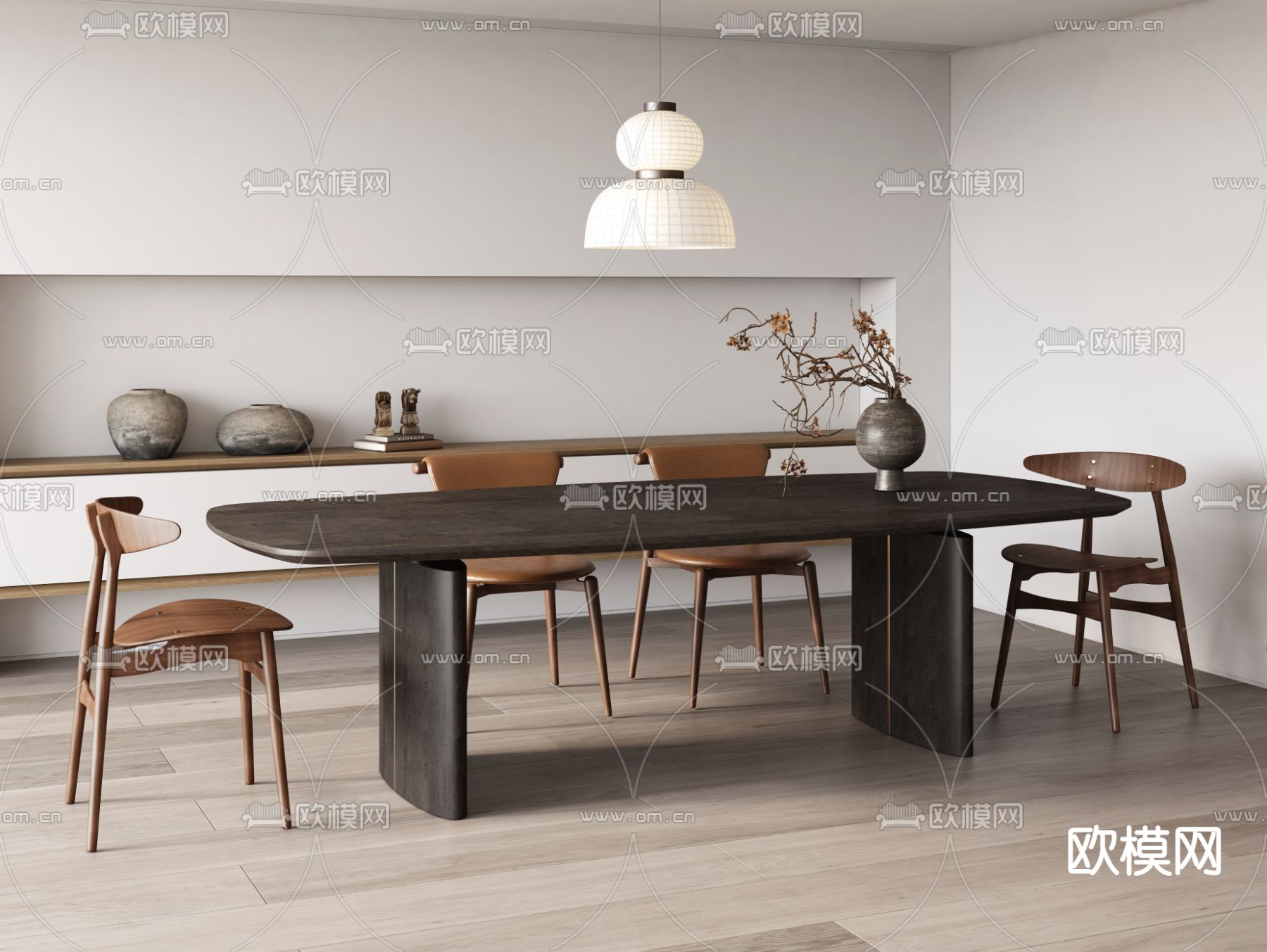 中古风餐桌椅 条形餐桌3d模型下载（渲染图2）