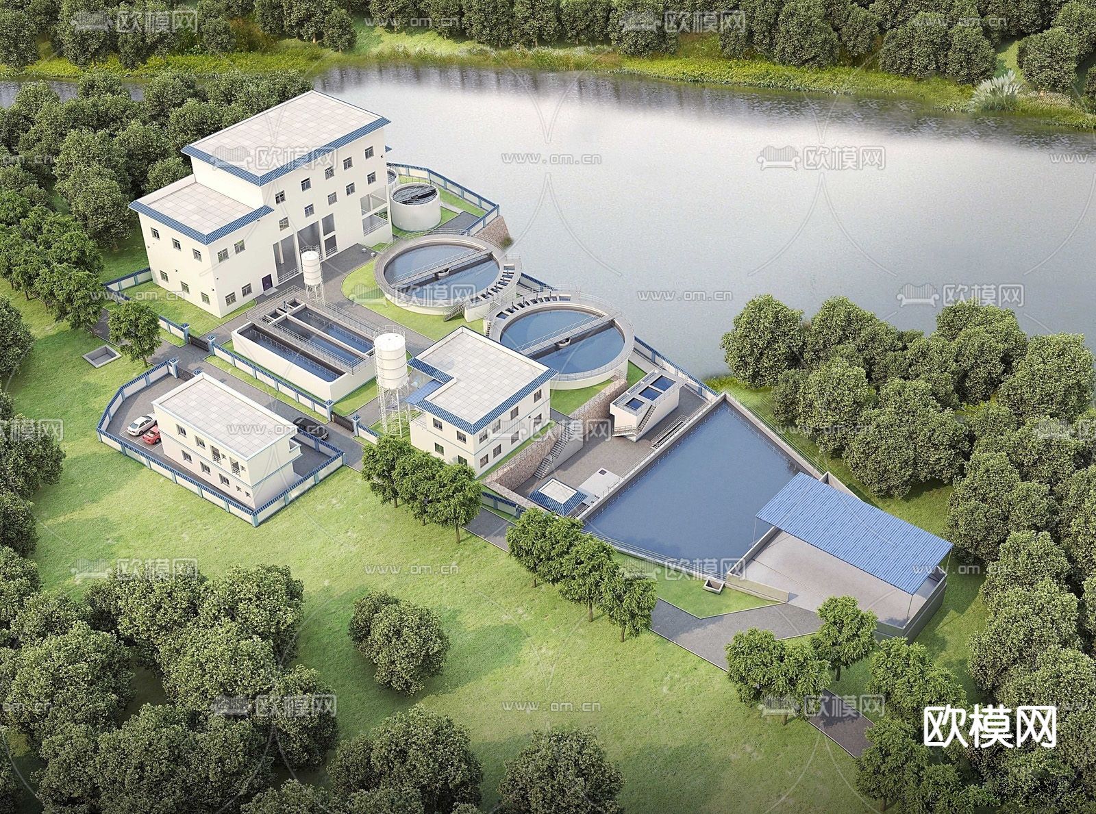 污水处理厂鸟瞰su模型下载（渲染图1）