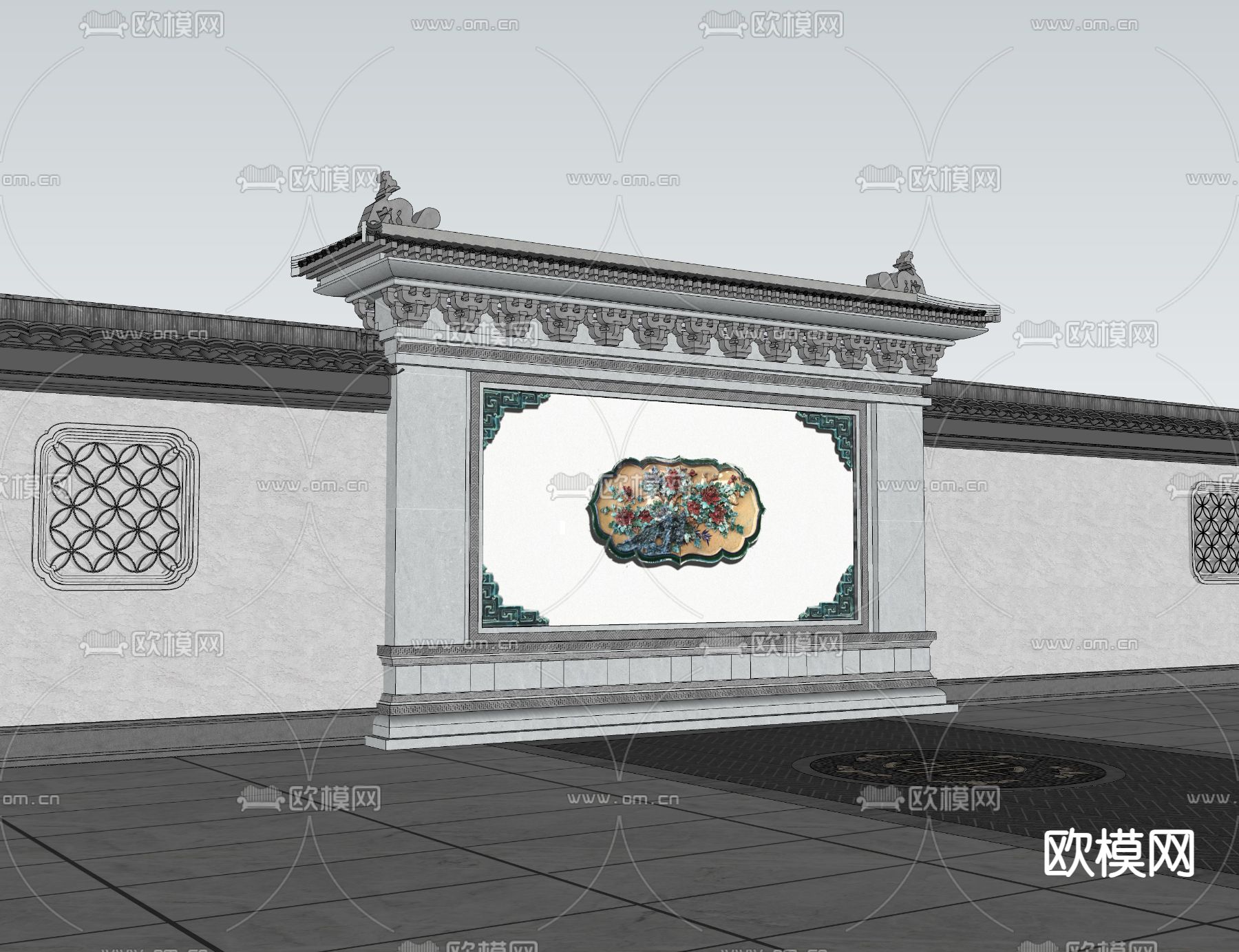 中山景墙 围墙su模型下载（渲染图2）