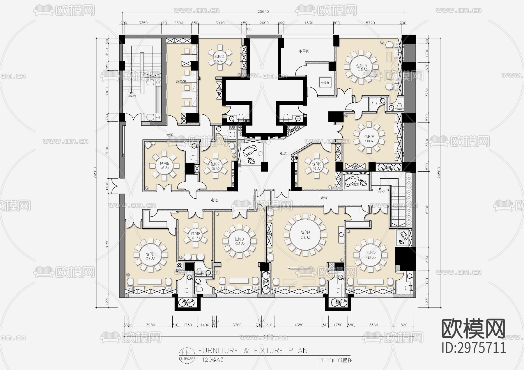 两层私房菜餐厅CAD平面图下载（渲染图2）