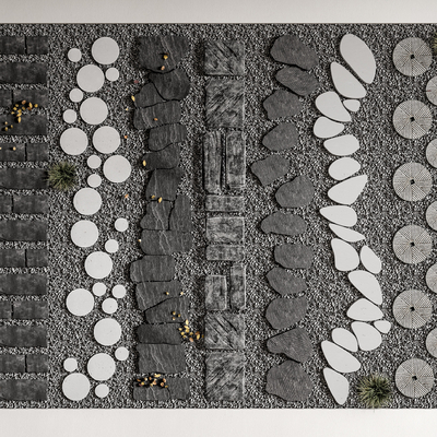 景观汀步 园林铺地 青石板 碎石步道 石阶su模型