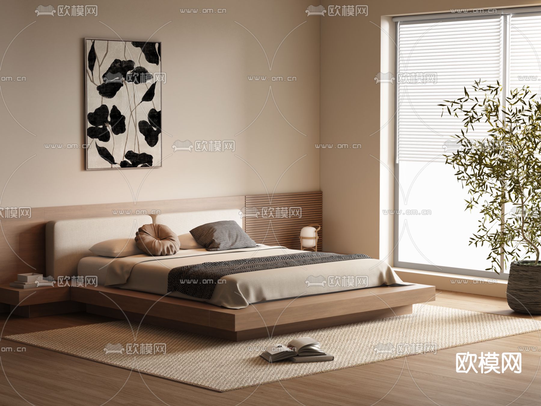 侘寂双人床 卧室3d模型下载