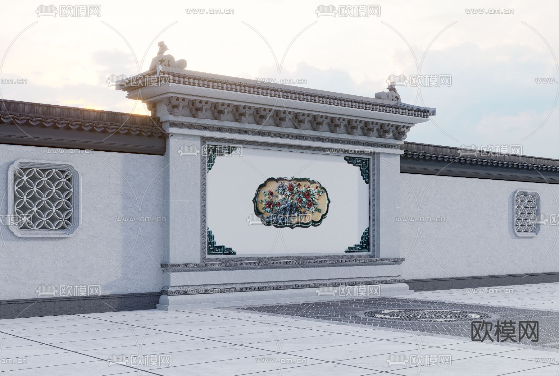 中山景墙 围墙su模型下载（渲染图1）