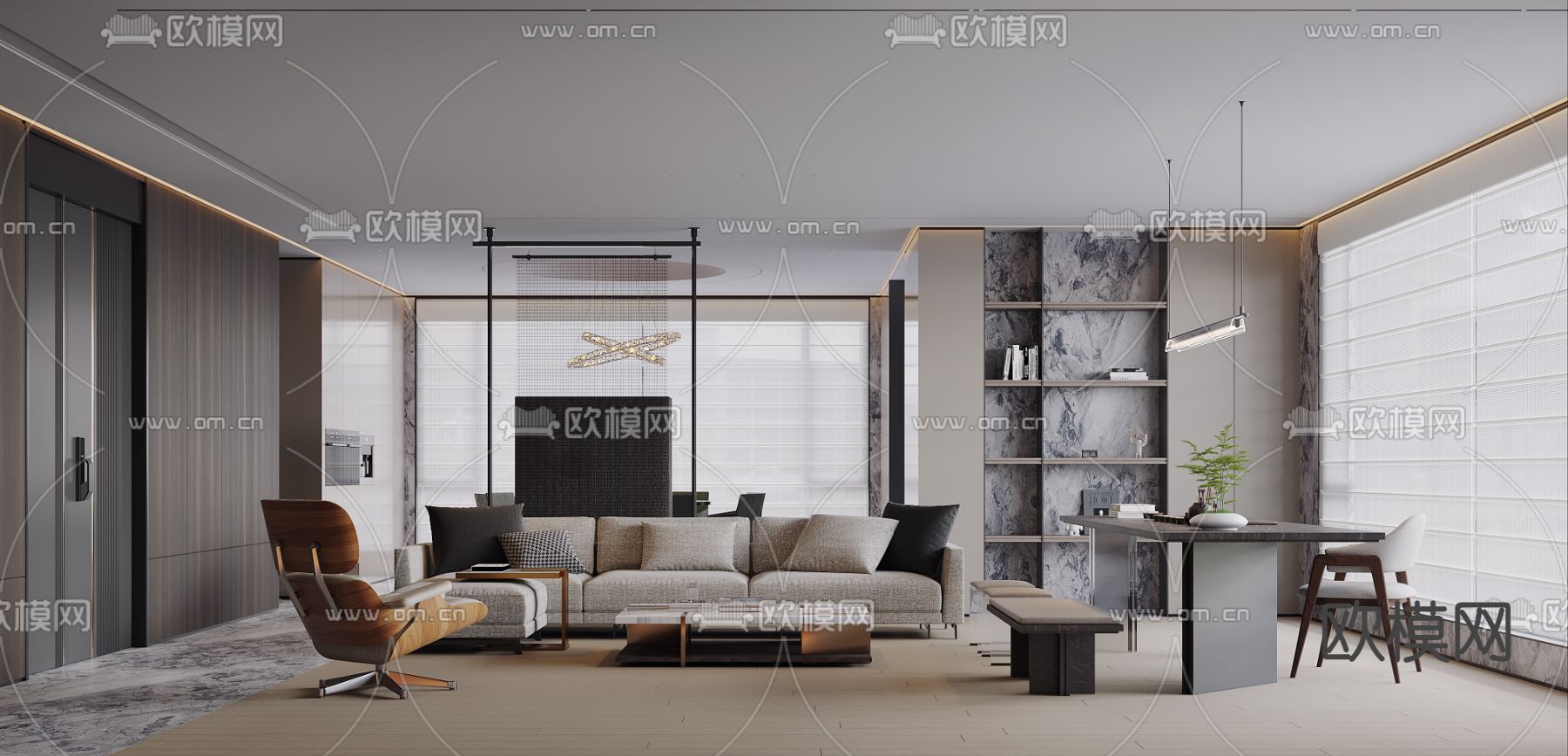 高级灰客餐厅3d模型下载（渲染图1）