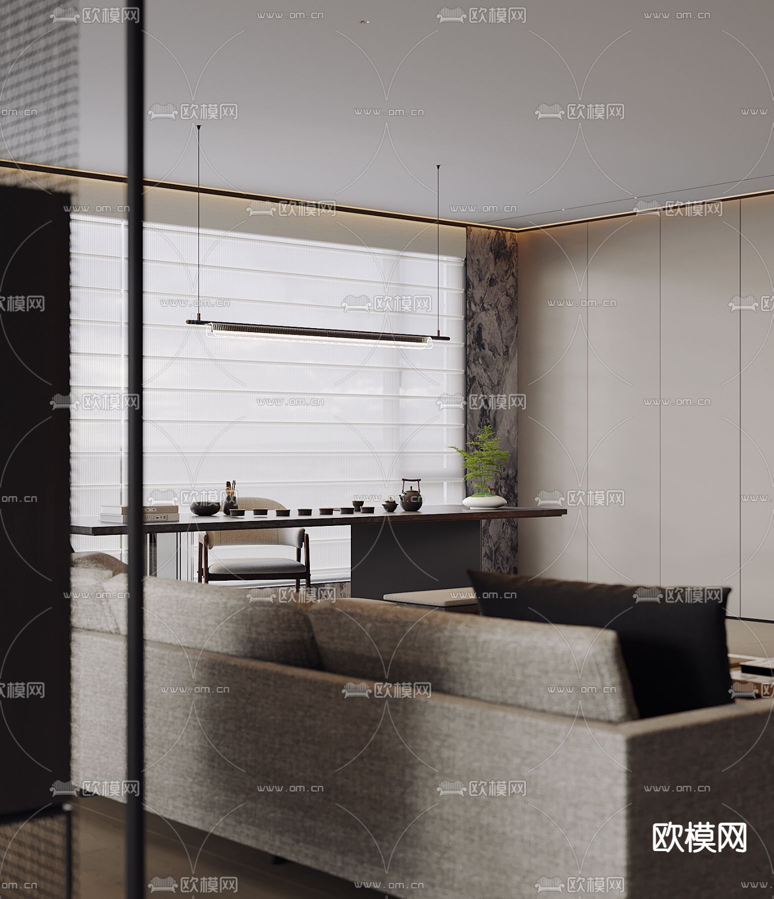 高级灰客餐厅3d模型下载（渲染图2）
