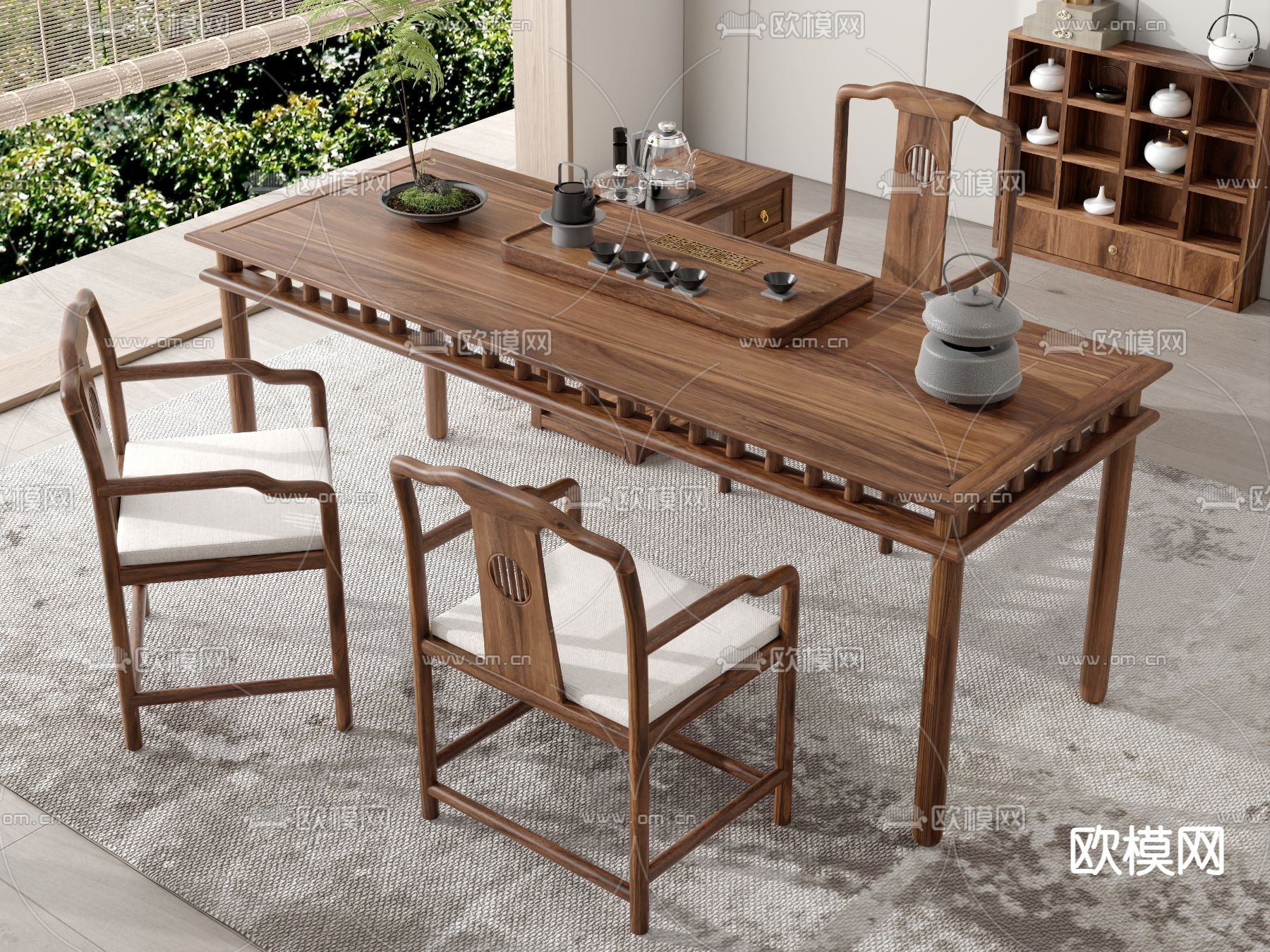新中式茶桌 茶台3d模型下载（渲染图2）