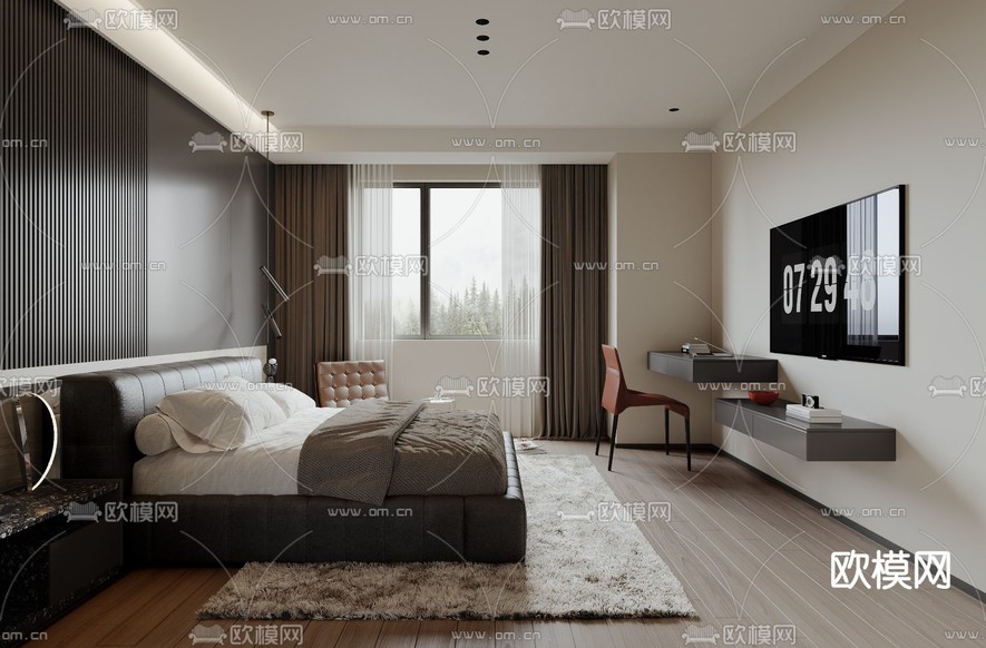 现代卧室 主人房3d模型下载(渲染图2)