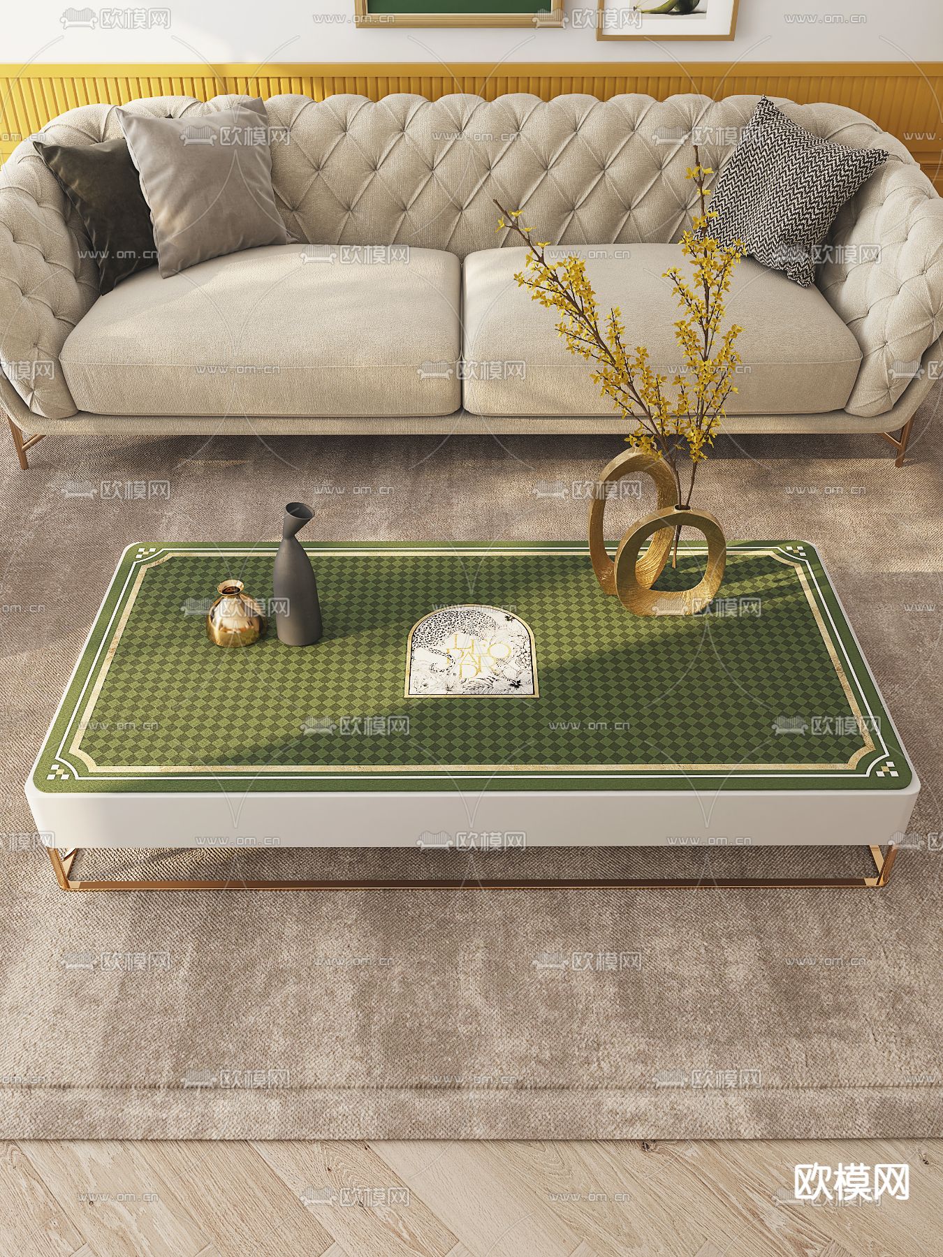 轻奢双人沙发 餐桌椅 茶几3d模型下载（渲染图1）