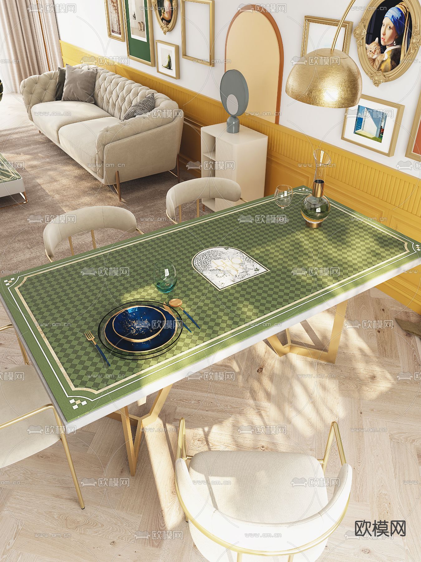 轻奢双人沙发 餐桌椅 茶几3d模型下载（渲染图2）