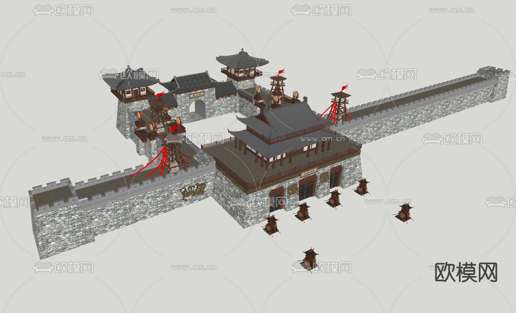 中式古建筑 城楼 城门 城墙 塔楼su模型下载