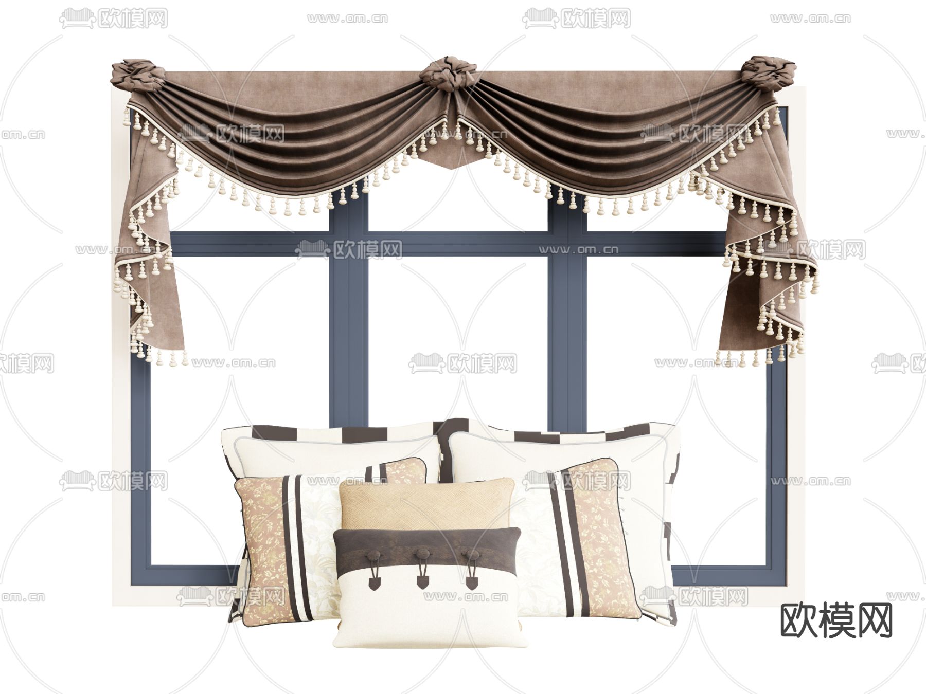 欧式窗帘 抱枕 窗帘su模型下载（渲染图2）