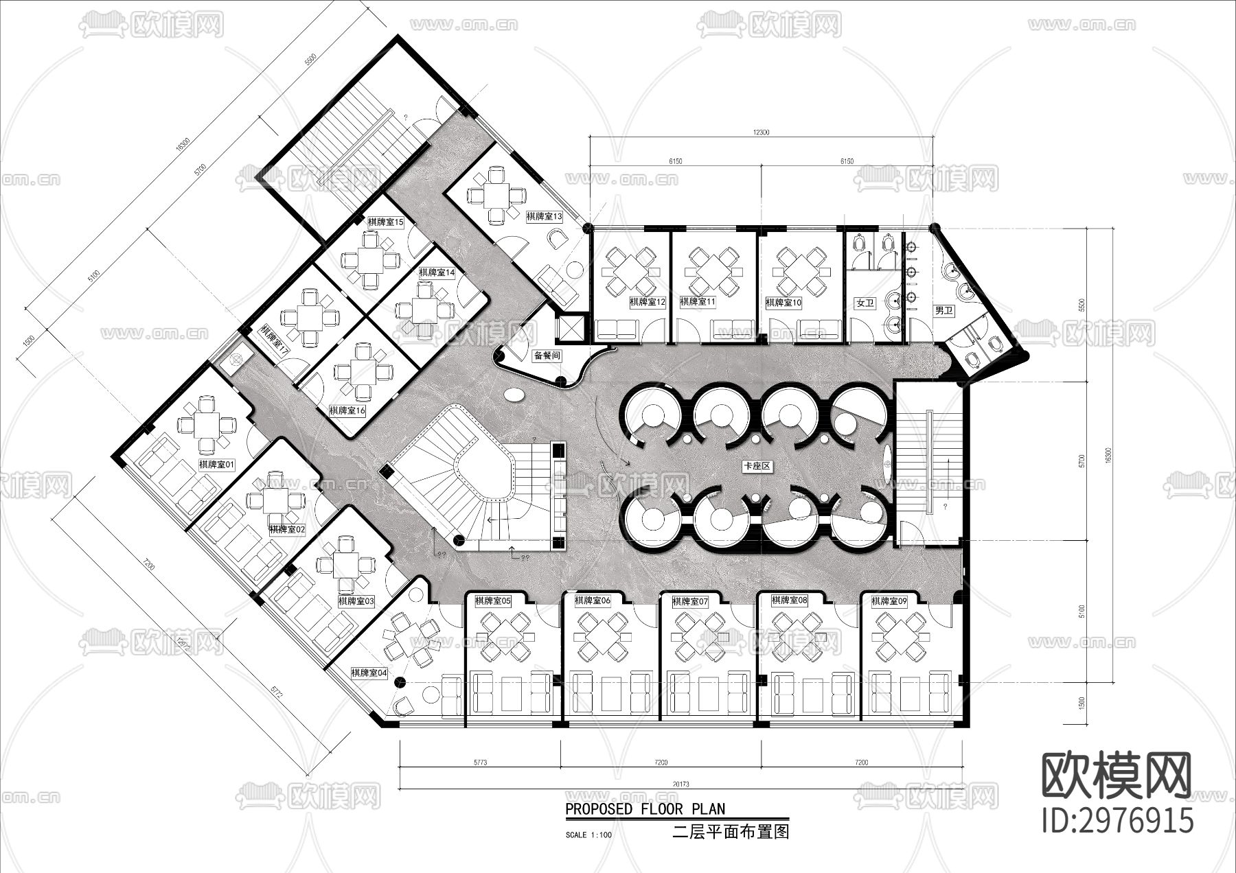 两层餐饮棋牌会所cad平面图下载（渲染图1）