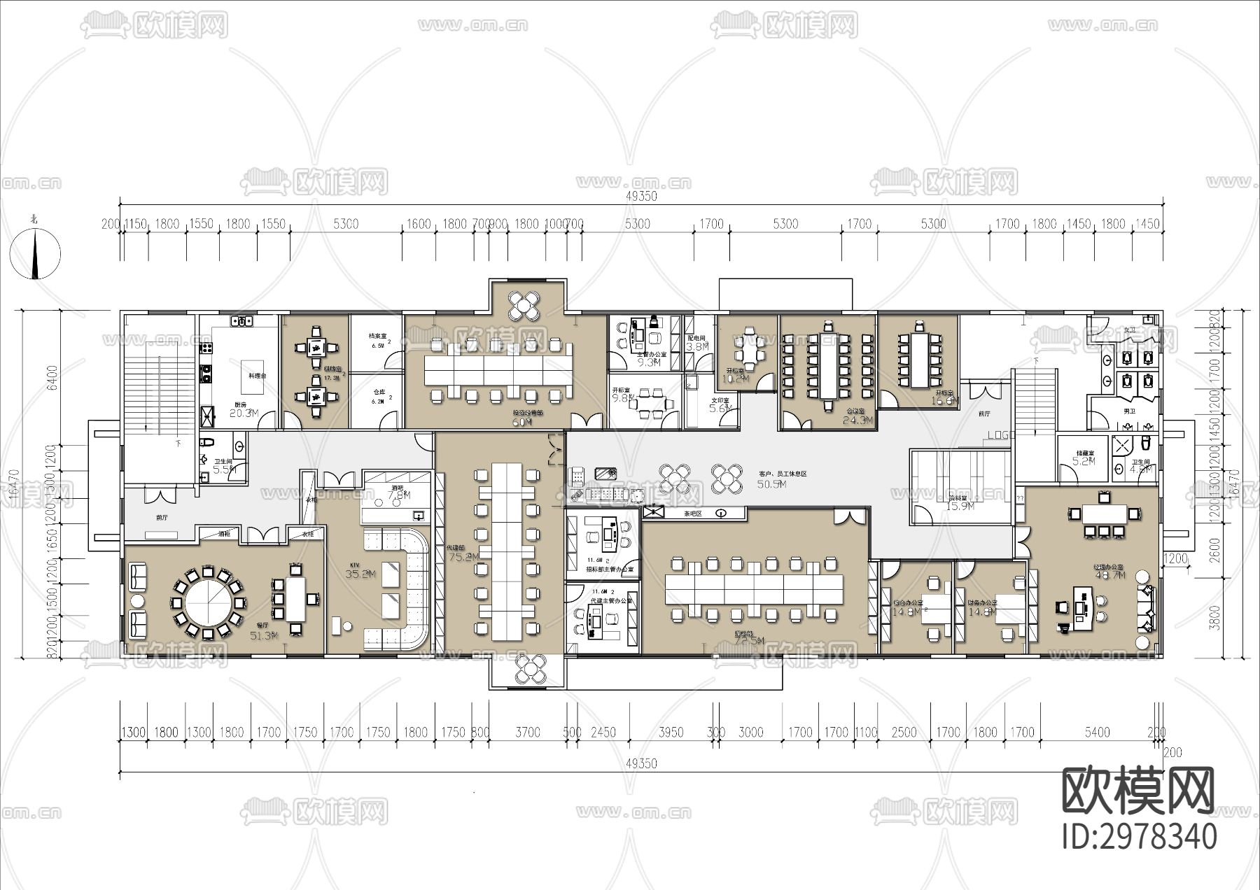 800㎡办公室cad平面图下载