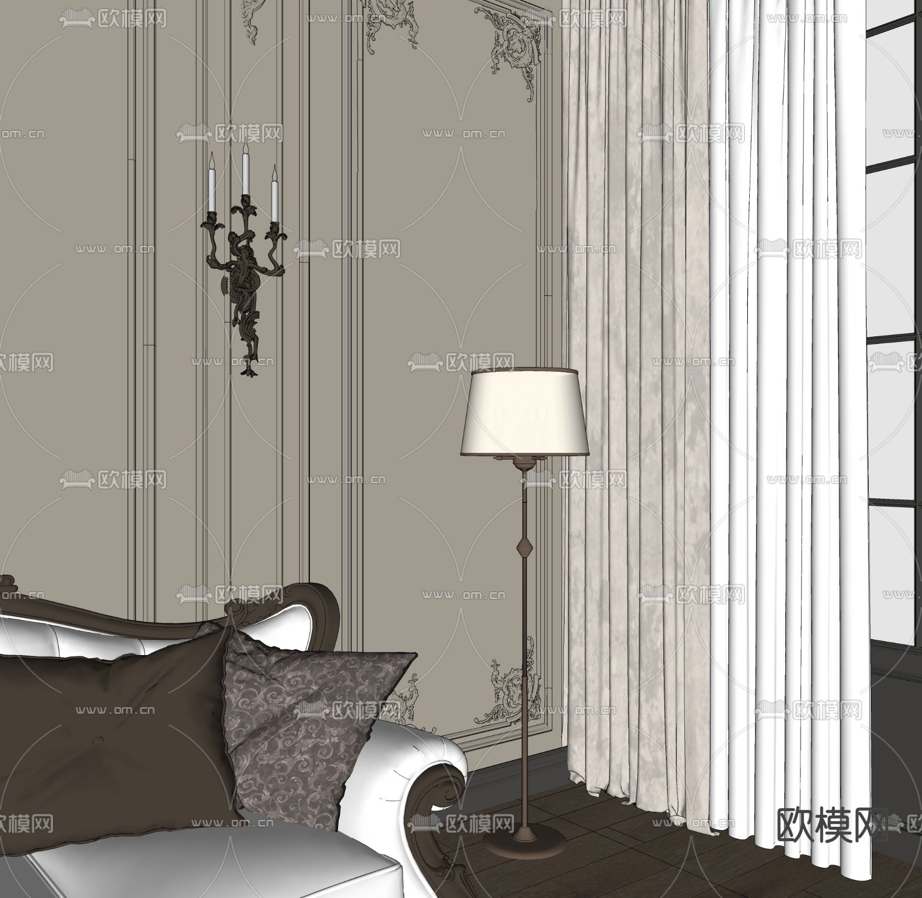 美式落地灯su模型下载（渲染图1）