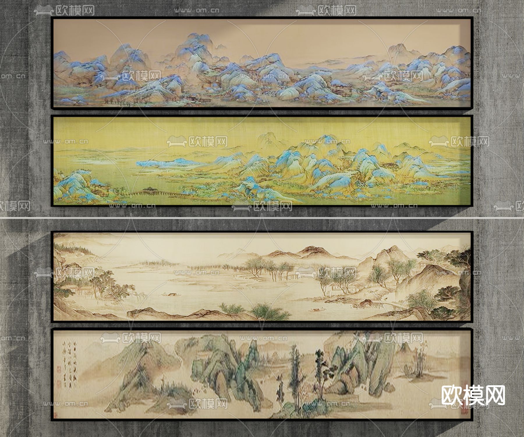 新中式山水画 字画 山峦画 组合画3d模型下载