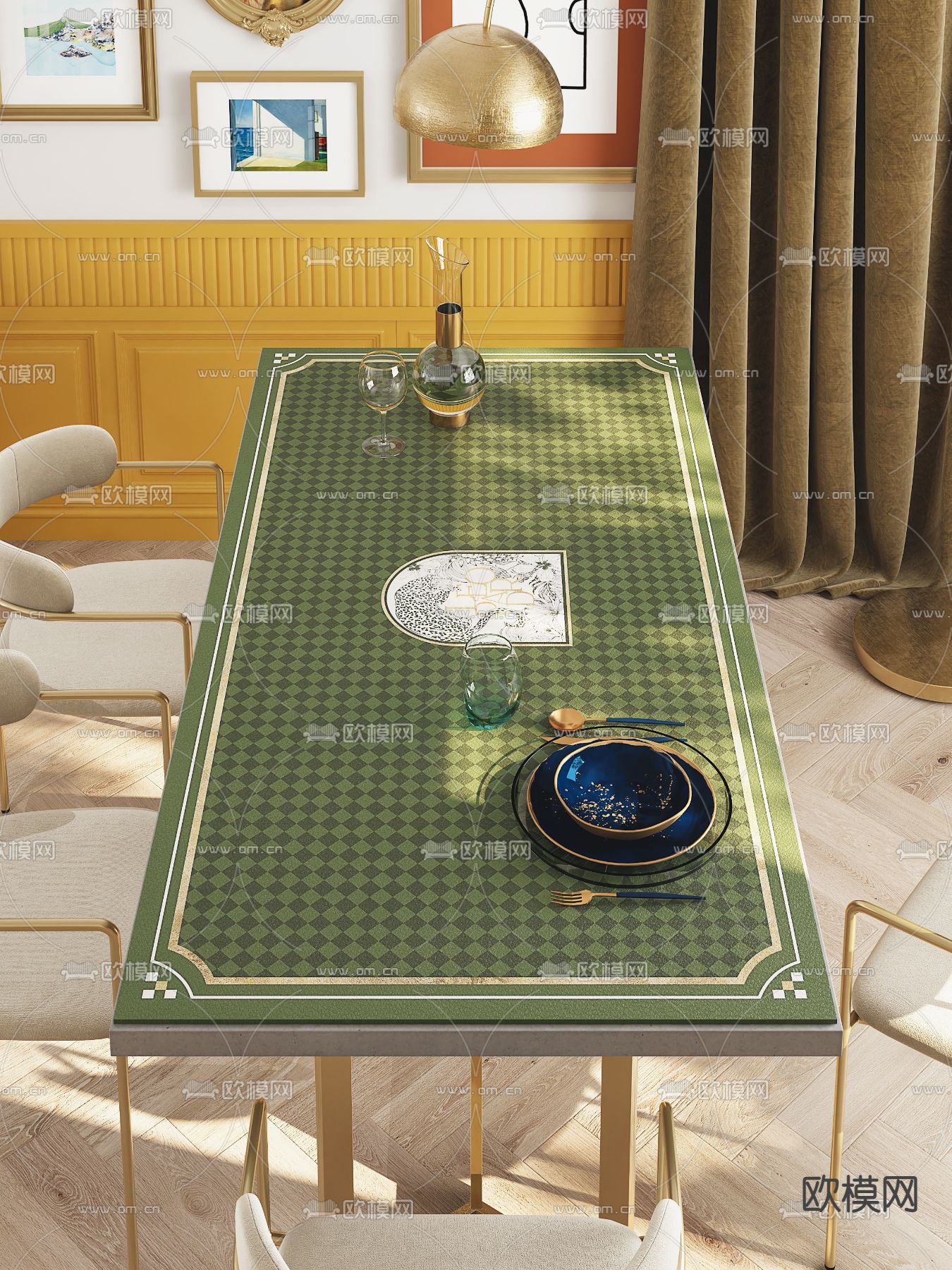 轻奢双人沙发 餐桌椅 茶几3d模型下载（渲染图3）