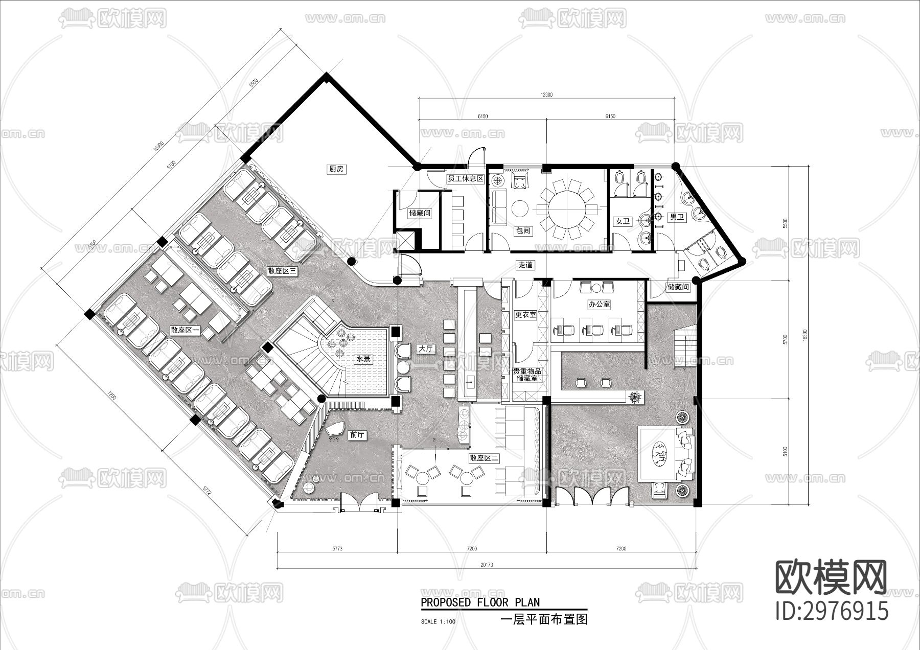 两层餐饮棋牌会所cad平面图下载（渲染图2）