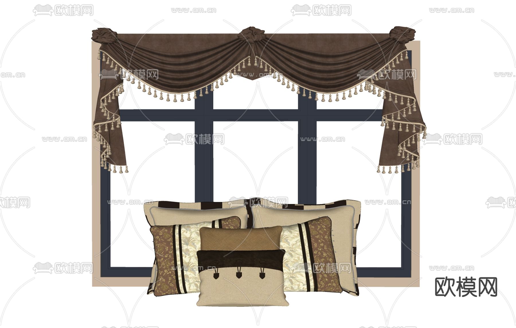 欧式窗帘 抱枕 窗帘su模型下载（渲染图1）