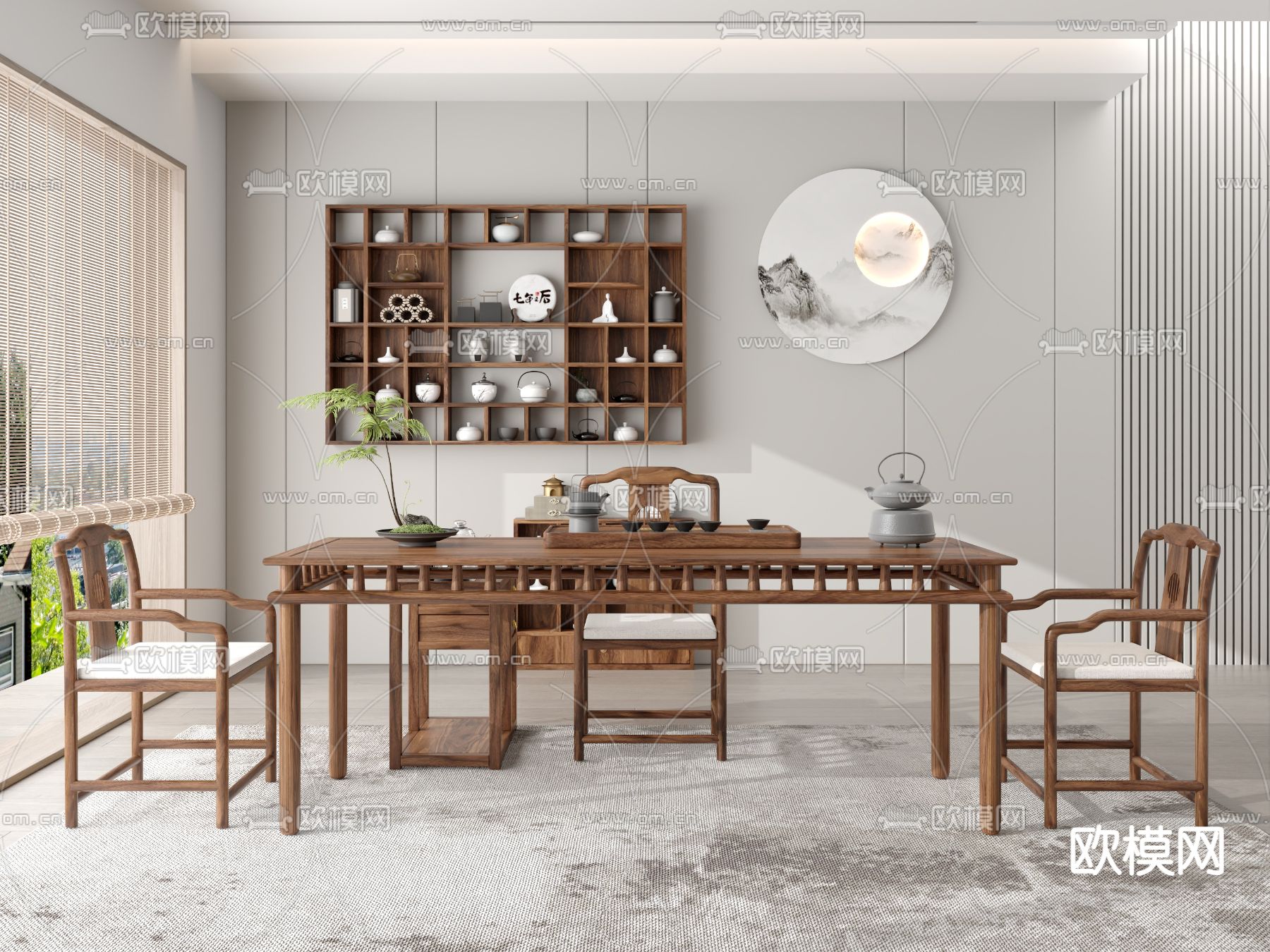 新中式茶桌 茶台3d模型下载（渲染图1）