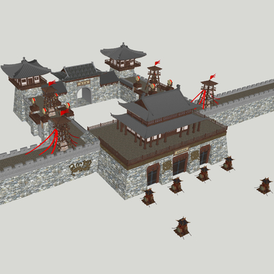  中式古建筑 城楼 城门 城墙 塔楼su模型 