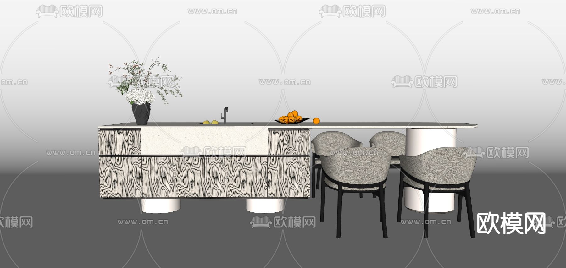 现代中岛台桌椅su模型下载（渲染图1）