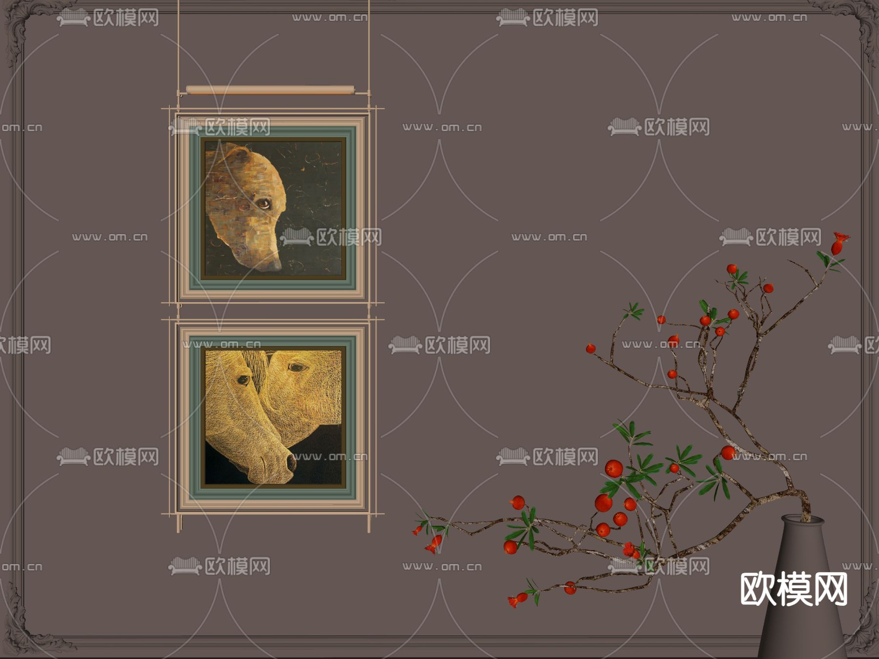 中古风装饰画 组合挂画su模型下载（渲染图2）