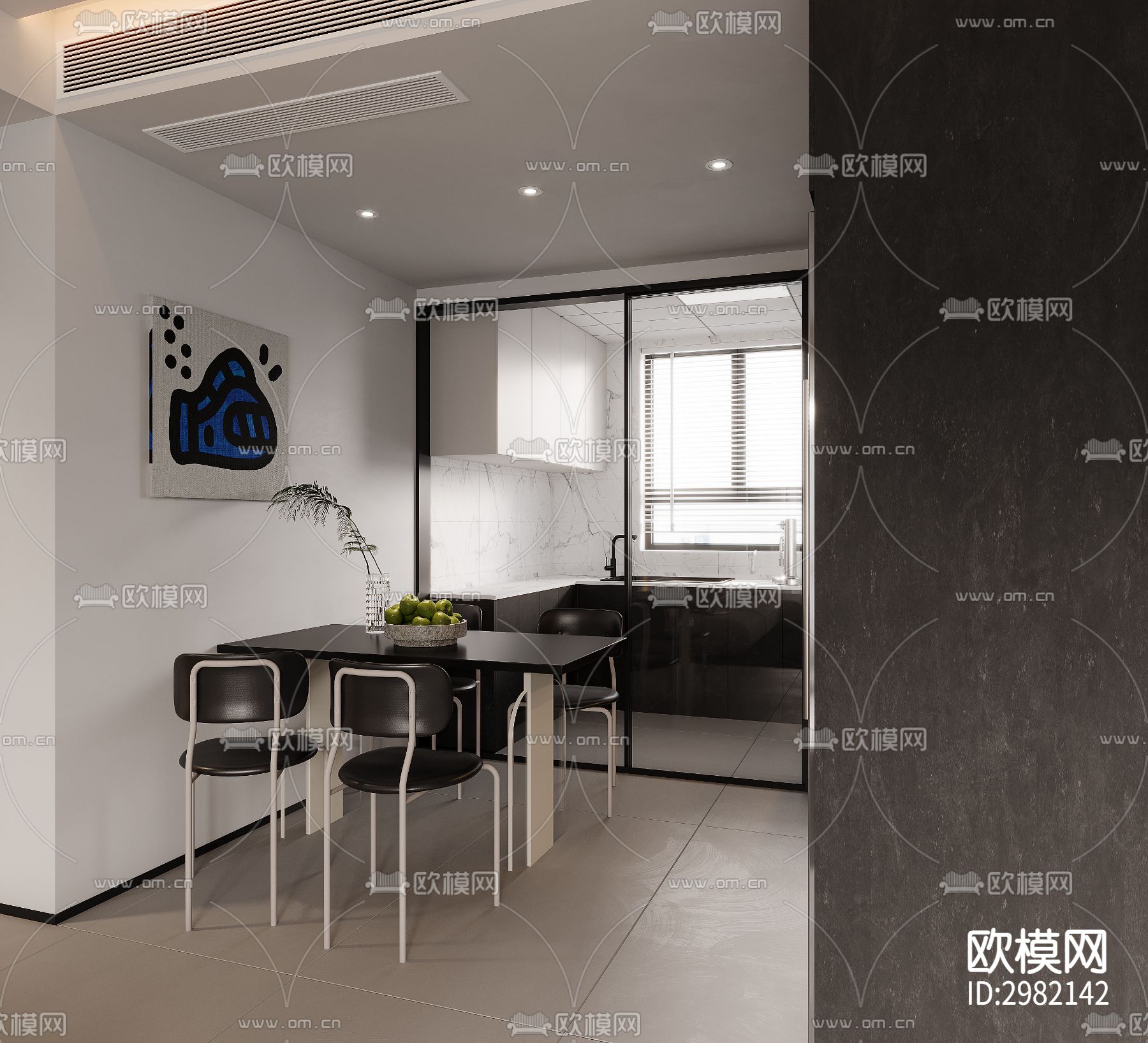 高级灰客厅 餐厅效果图下载（渲染图2）