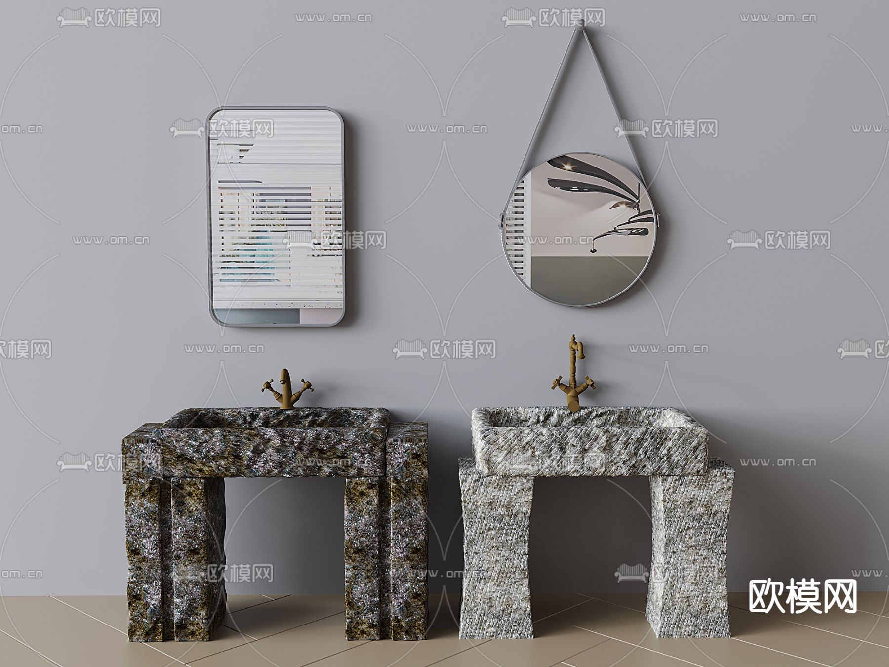 立式台盆 石槽洗手台 柱盆 挂镜3d模型下载