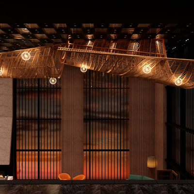  藤编吊灯 大堂灯 装饰灯su模型 