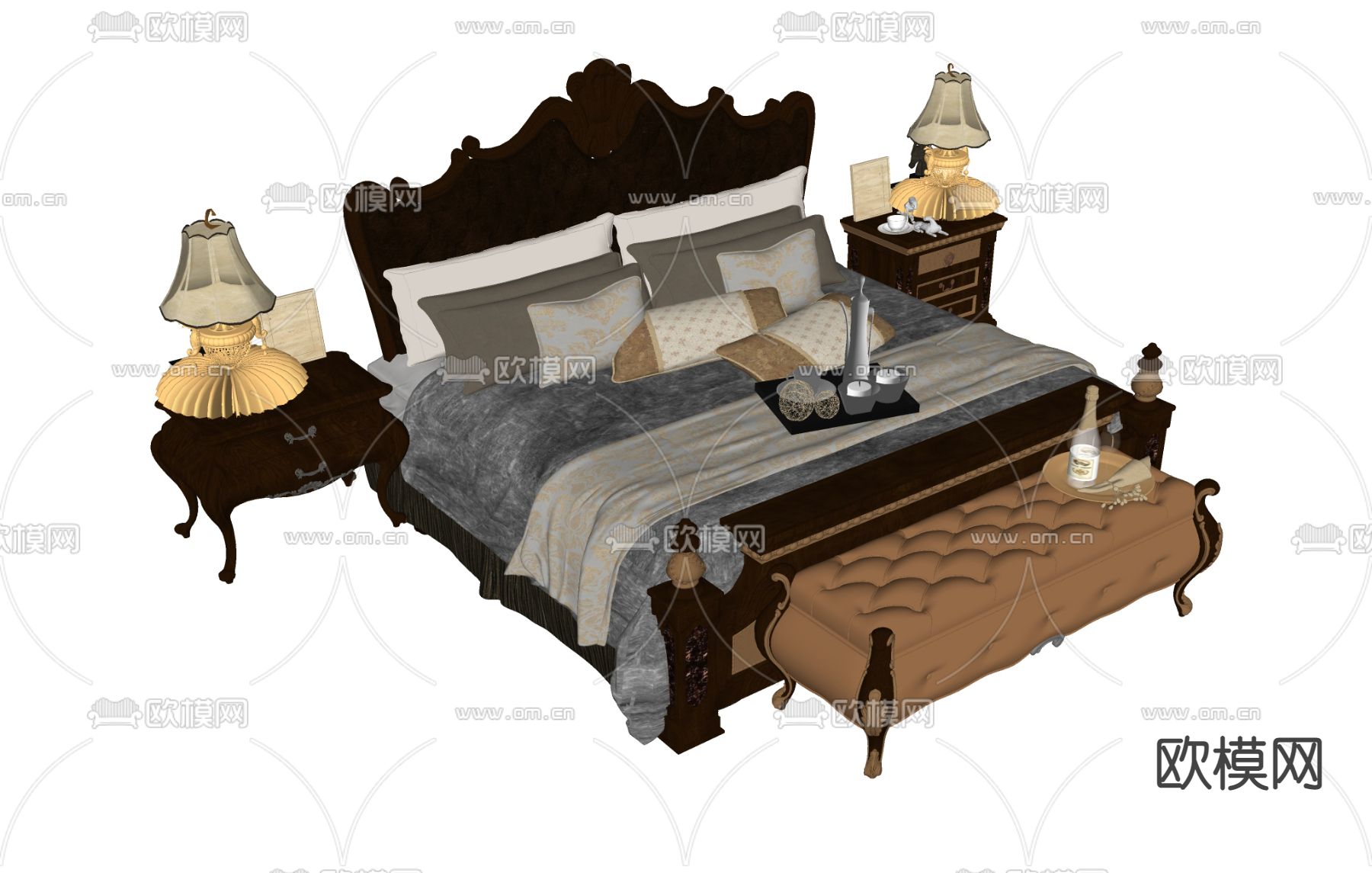 欧式双人床su模型下载（渲染图1）