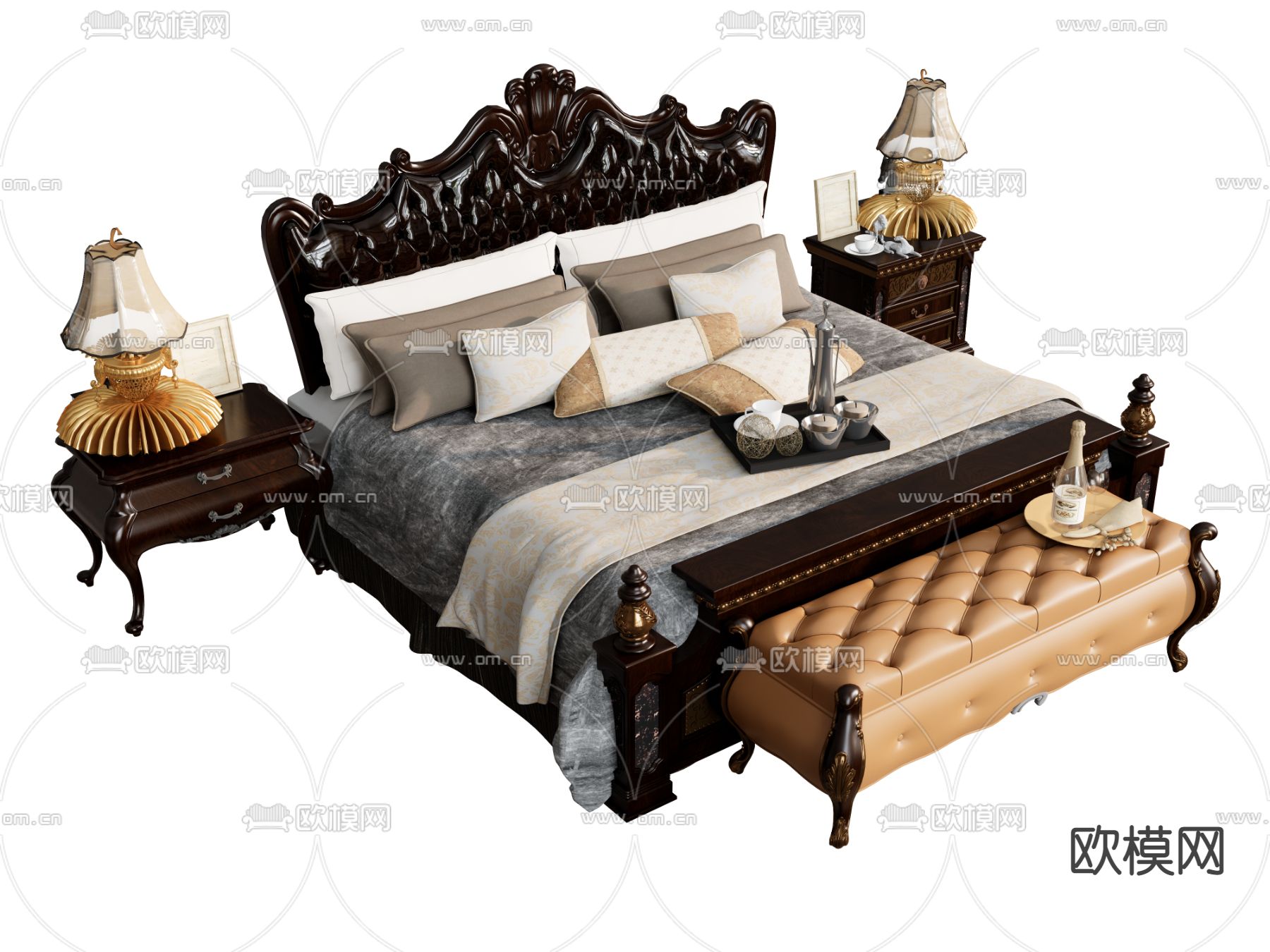 欧式双人床su模型下载（渲染图2）