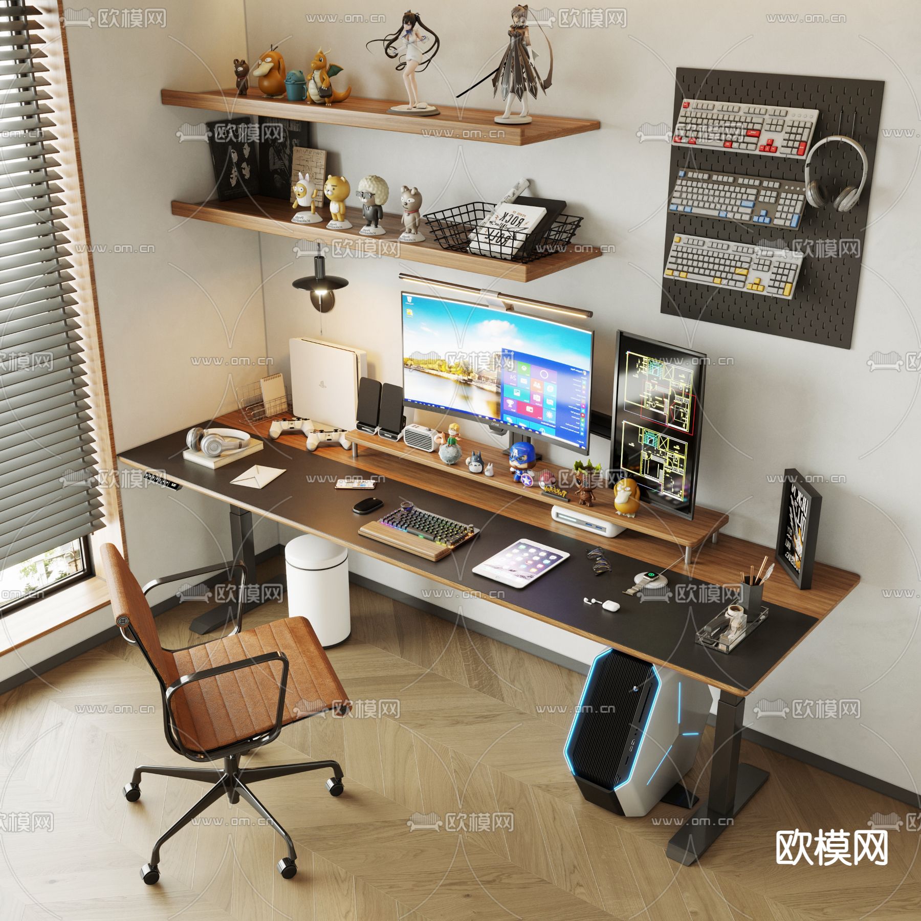 书桌 电脑桌 显示屏 游戏机合3d模型下载（渲染图1）