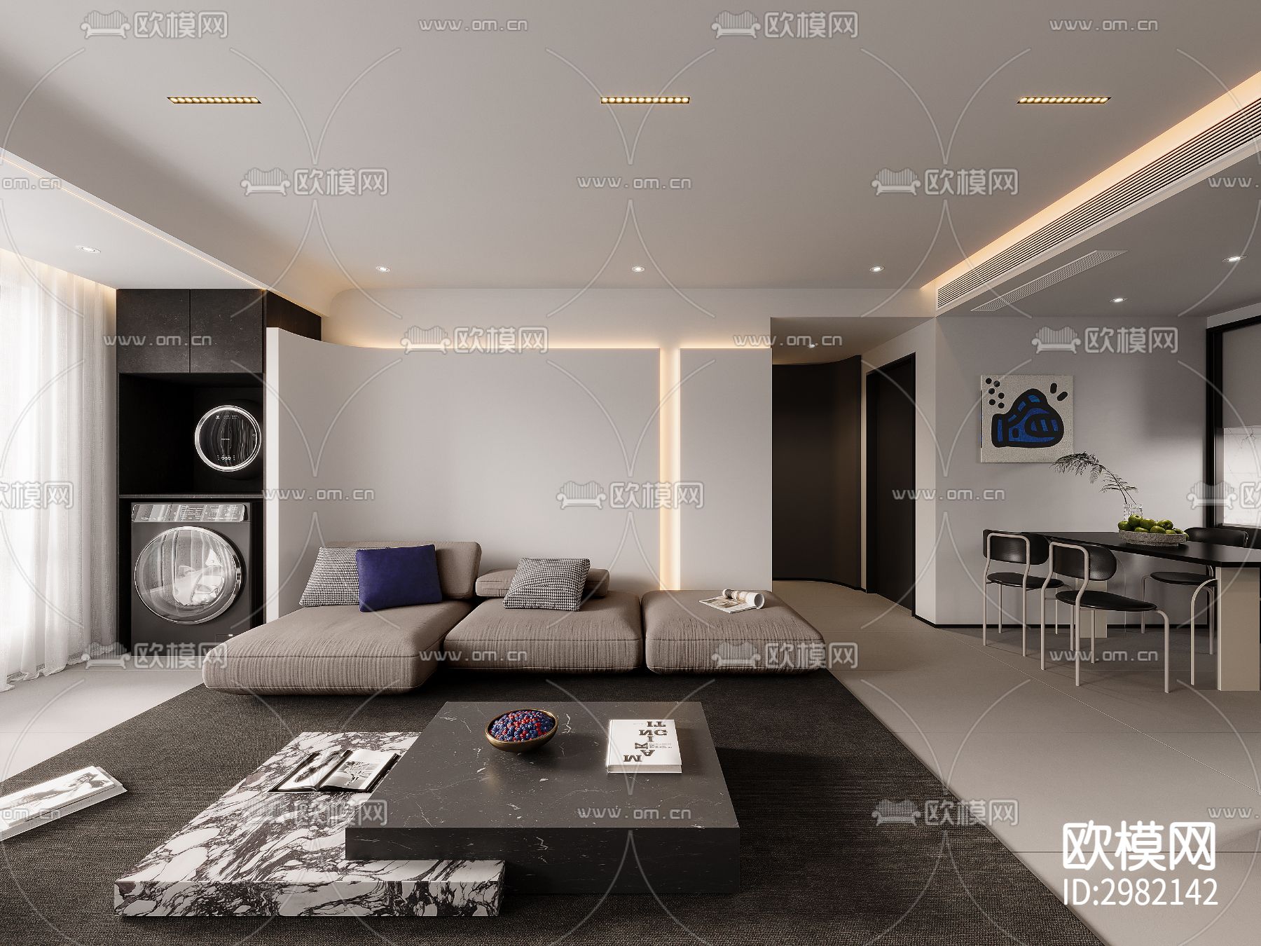 高级灰客厅 餐厅效果图下载（渲染图1）