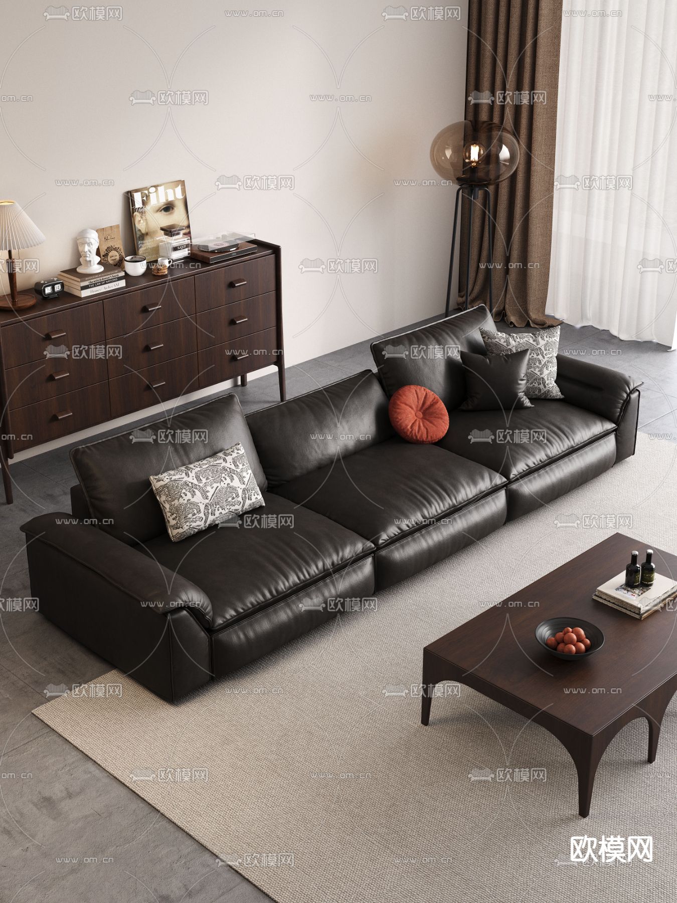 黑色皮沙发 多人沙发 三人沙发3d模型下载