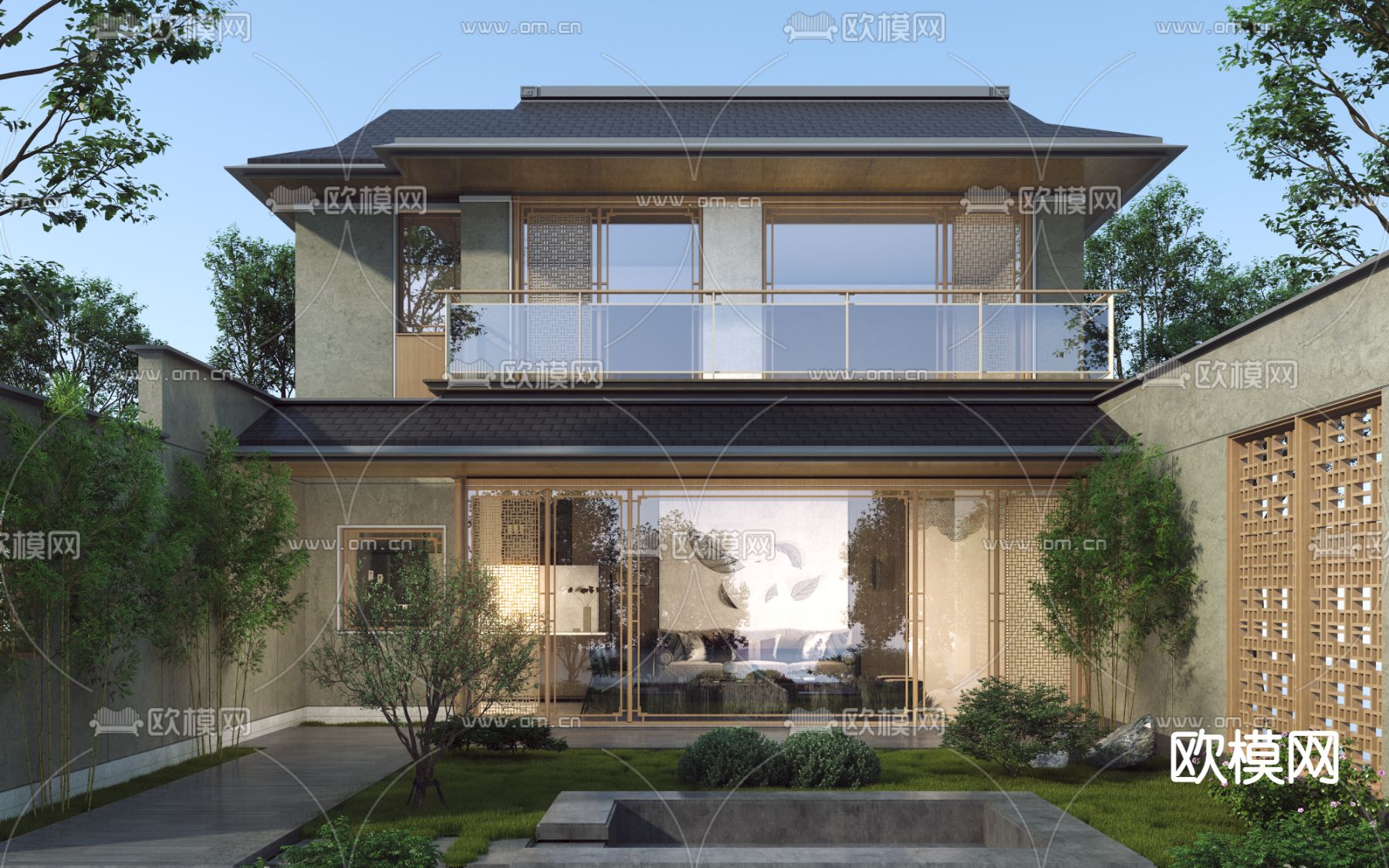 新中式别墅外观3d模型下载