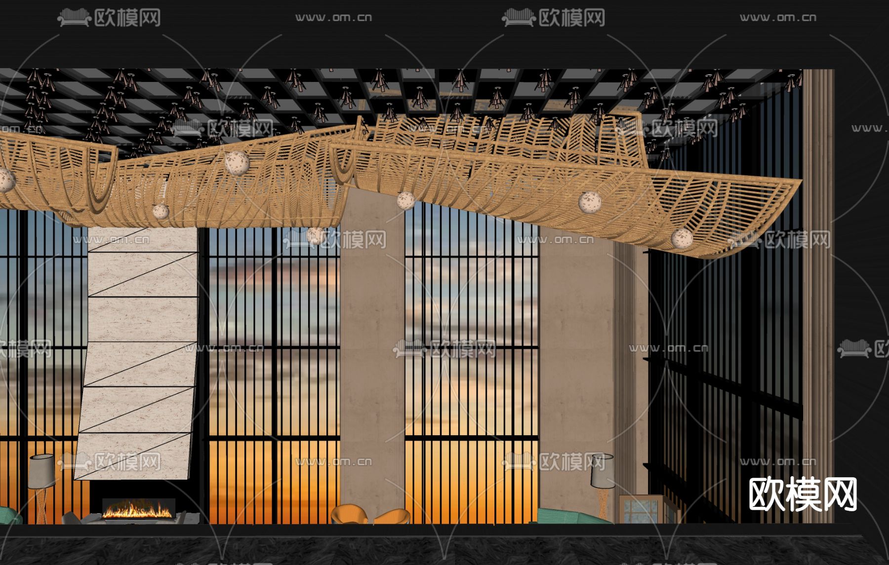 藤编吊灯 大堂灯 装饰灯su模型下载（渲染图1）